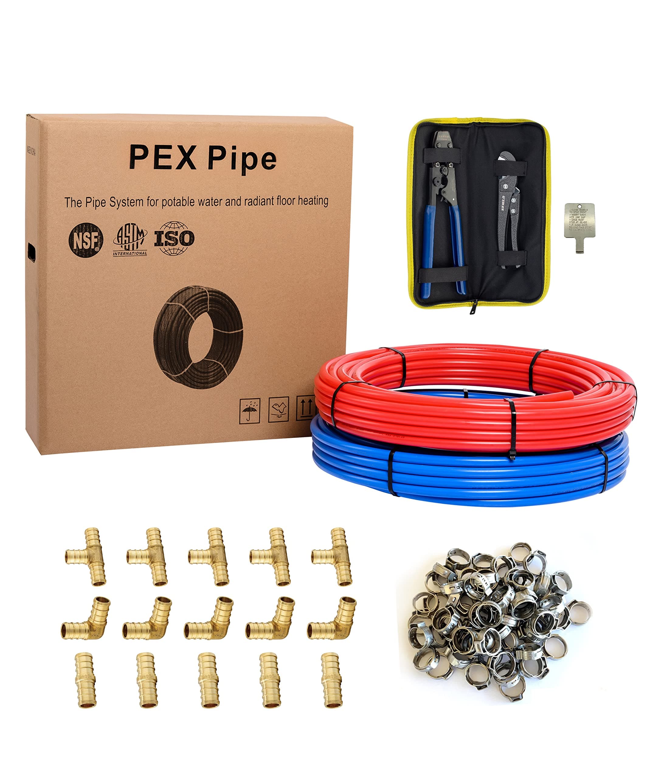 EFIELD (All in One) 2 Rolls x 100 ft (200 Ft) 1/2 Inch Pex-b Pipe/Tubing, Fitting, Crimping Clamp Tool, Cinch Clamps, Cutter Combo Kit