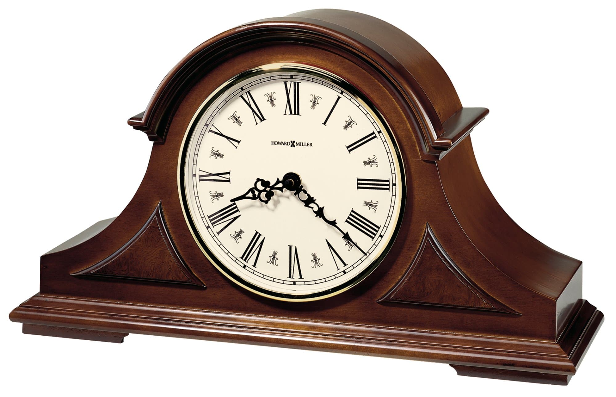 Howard Miller Burton II Mantel Clock, Decorative Top Molding with Triangular Burl Overlays, Analog Dial Roman Numerals Triple-Chime Movement, Volume Control Timepiece for Home Decor & Office