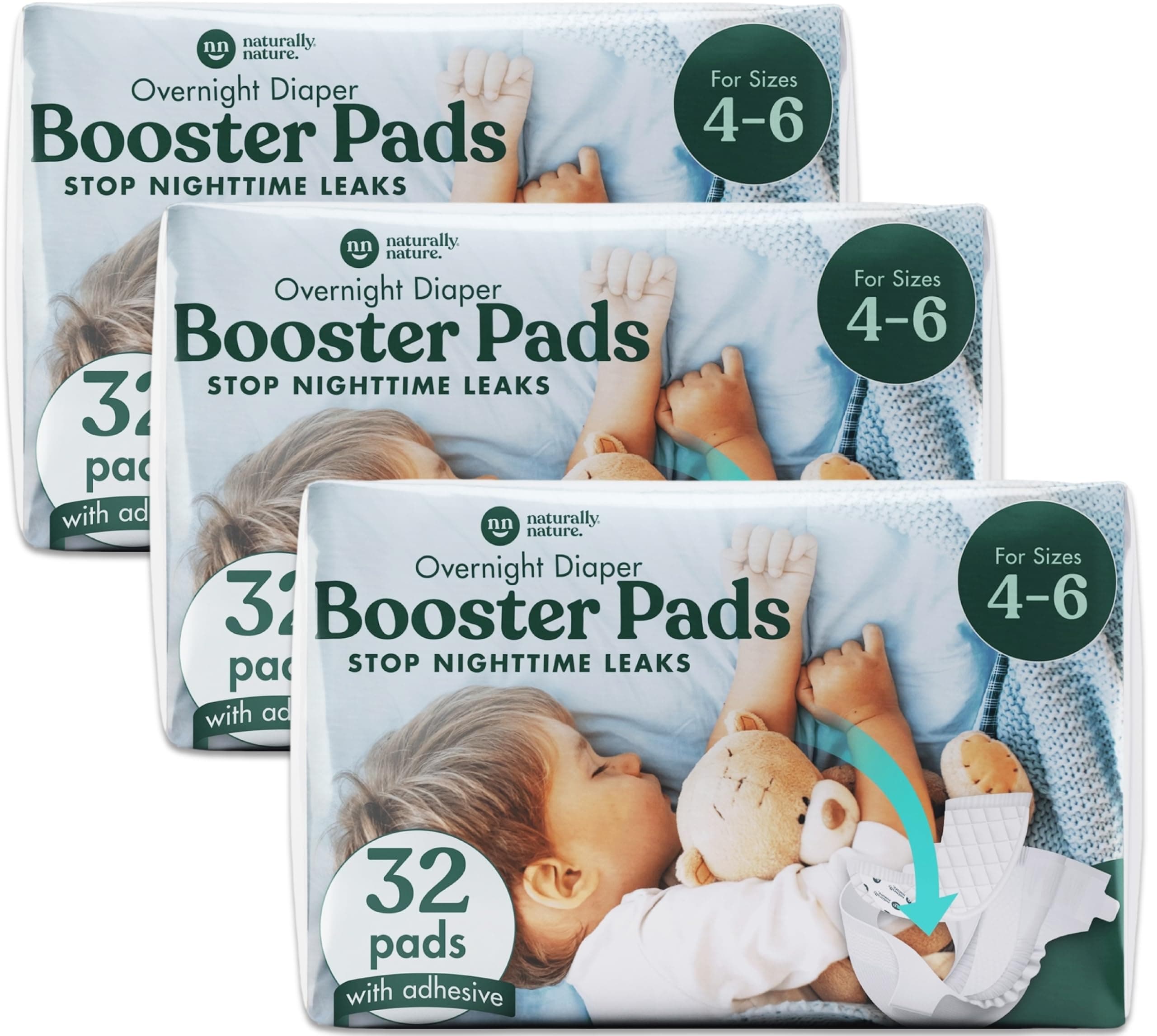 Overnight Diaper Booster Pads, Stops Overnight Leaking, Diaper Liners for Toddler, Nighttime Diapers Size 5, Adhesive Pad for Girls, Boys, (3 Packs of 32 ct.)
