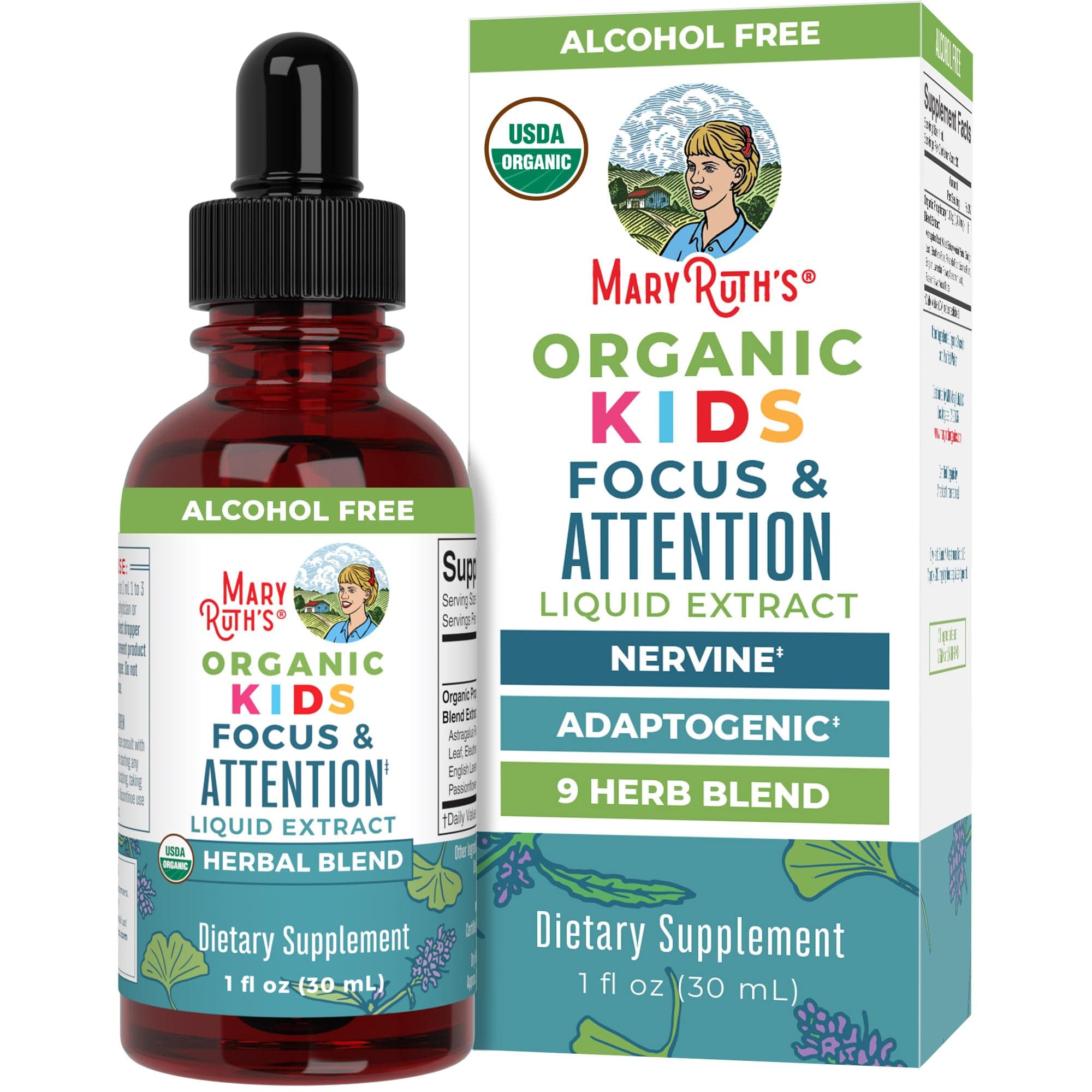 Kids Focus Support Supplement by MaryRuth's, Natural Brain Support Vitamin, Adrenal Complex with Astragalus Root, Gingko Leaf & Wood Betony Herb, 1 Month Supply, 1 Fl Oz
