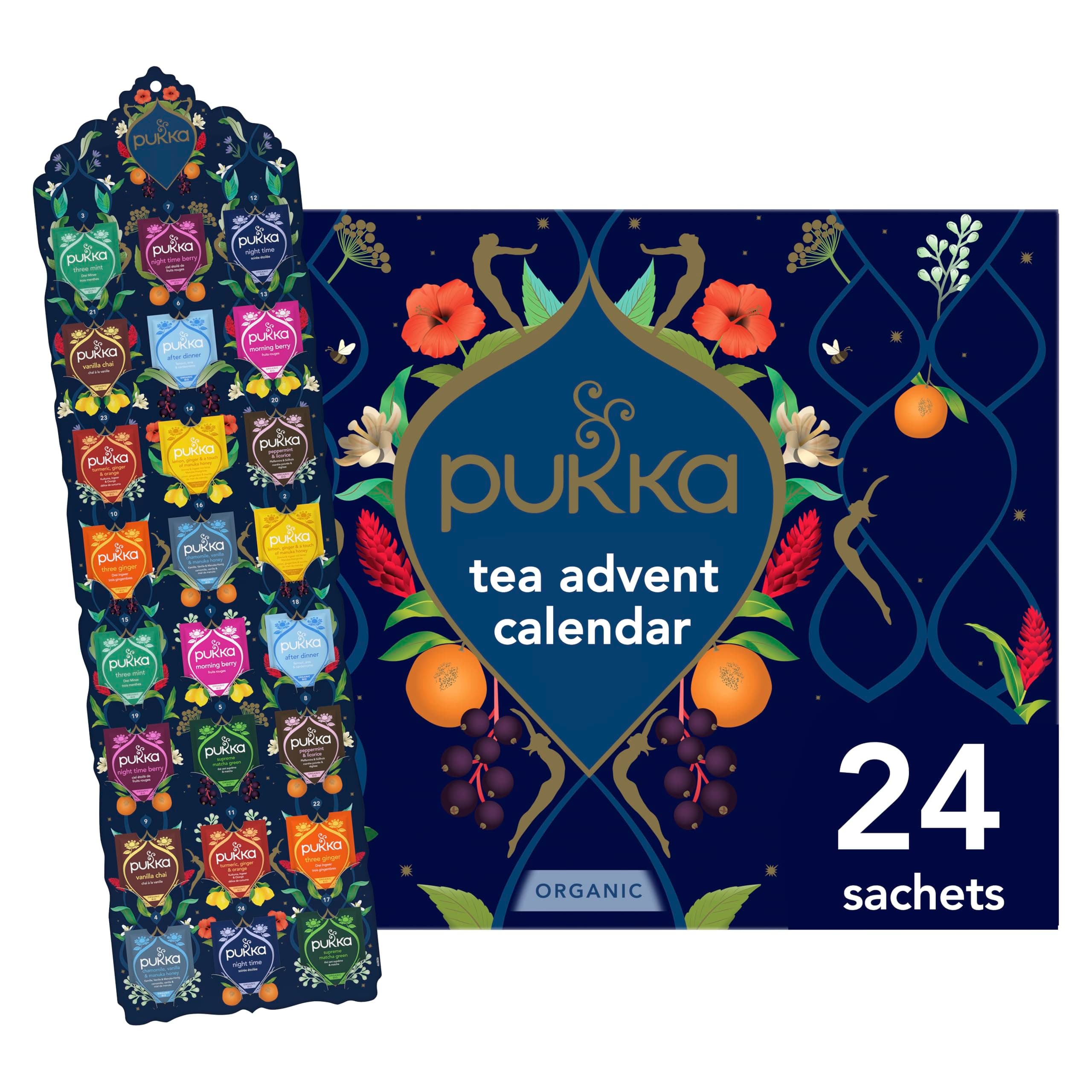 Pukka Christmas Tea Sampler, Selection of 24 Delightful Black & Green Tea Infusions, Advent Calendar Holiday Gift Set for Tea Lovers, 100% Organic