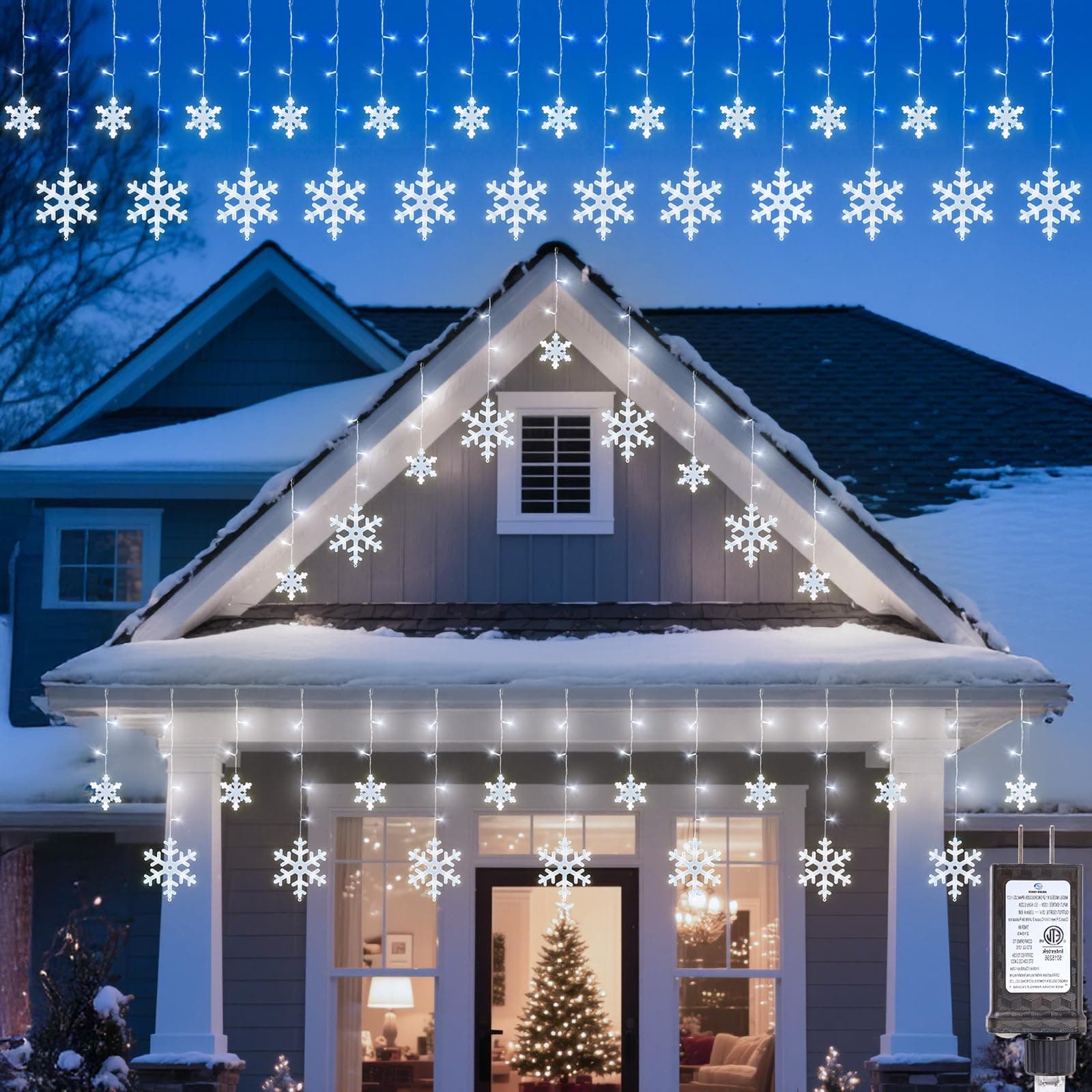 Brightown Christmas Snowflake Lights Outdoor - 13FT 192LED Snowflake String, 16 Drops, 12 Modes, Timer, IP65 Waterproof, Connectable Xmas Lights for Eaves Windows, Indoors & Outdoors