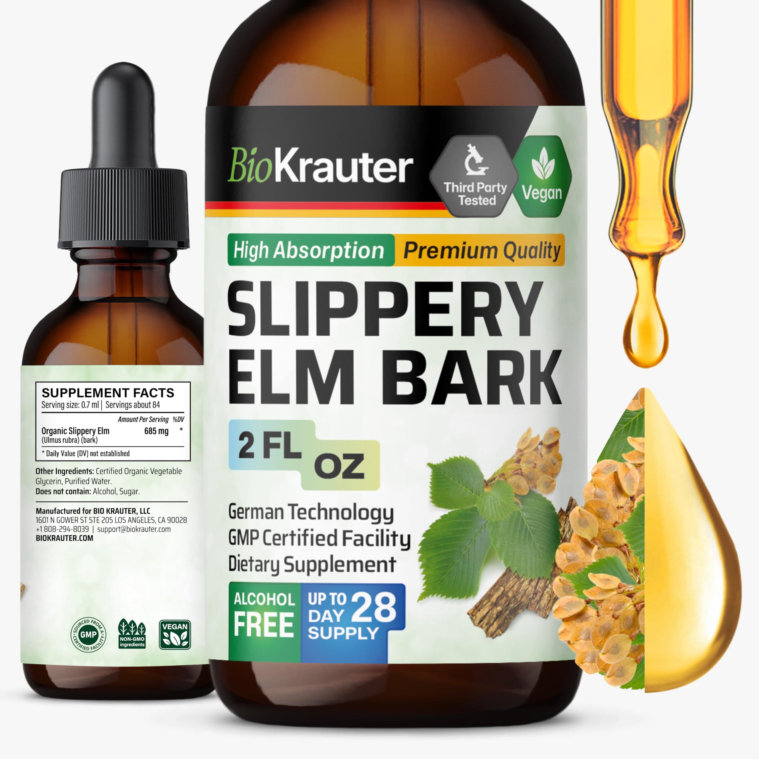 BIO KRAUTER Slippery Elm Bark Tincture - Pure Slippery Elm for Women & Men - 2 Fl.Oz. 28 Days of Supply - Vegan Liquid Drops for Lungs - Respiratory & Digestive Health - Alcohol & Sugar Free, Non-GMO