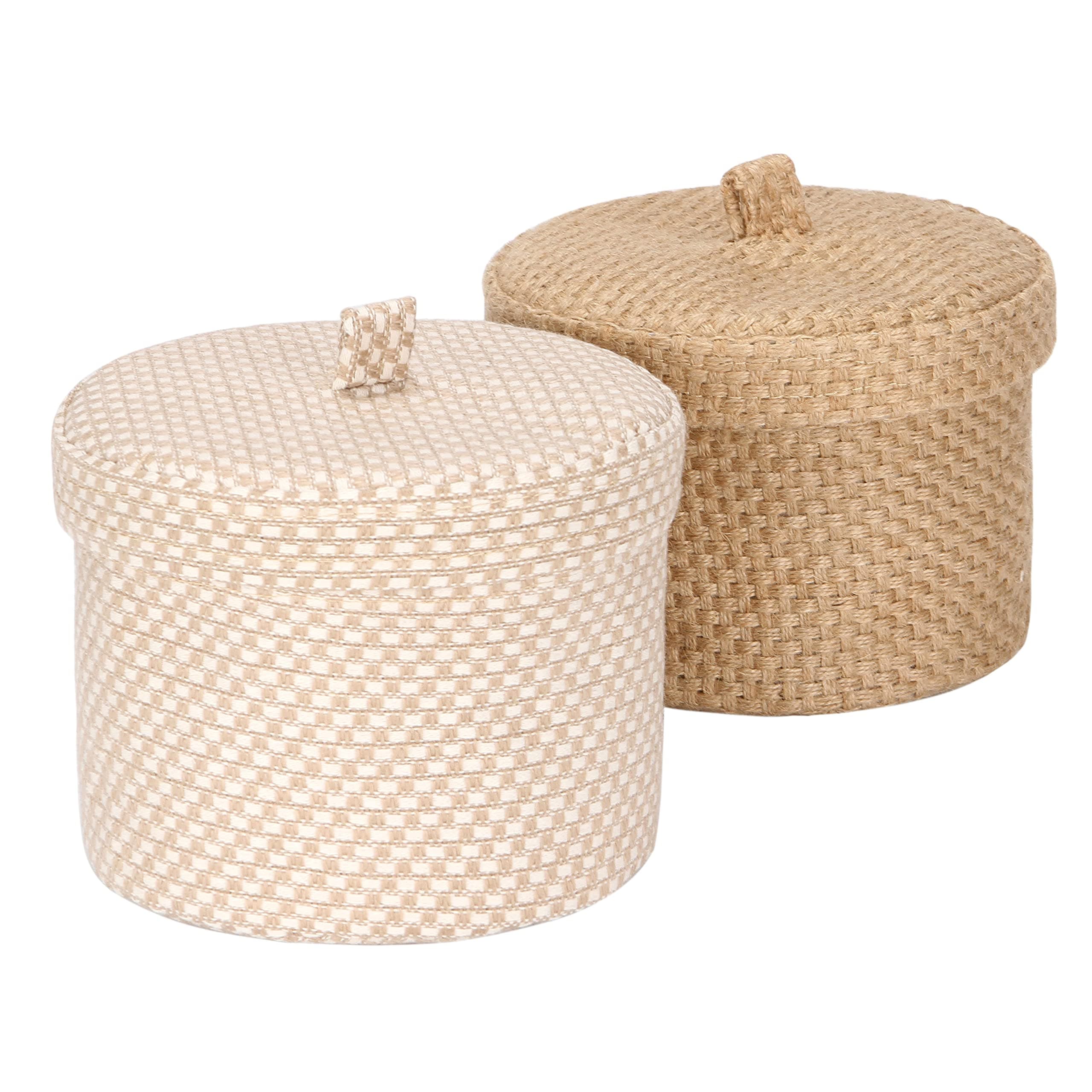 Sea Team 2 Pack Jute and Cotton Linen Storage Basket Cute Round Box for Toiletry Toy Sundry Item 2 Liters Desk Gadget Organizer with Lid(Small A)