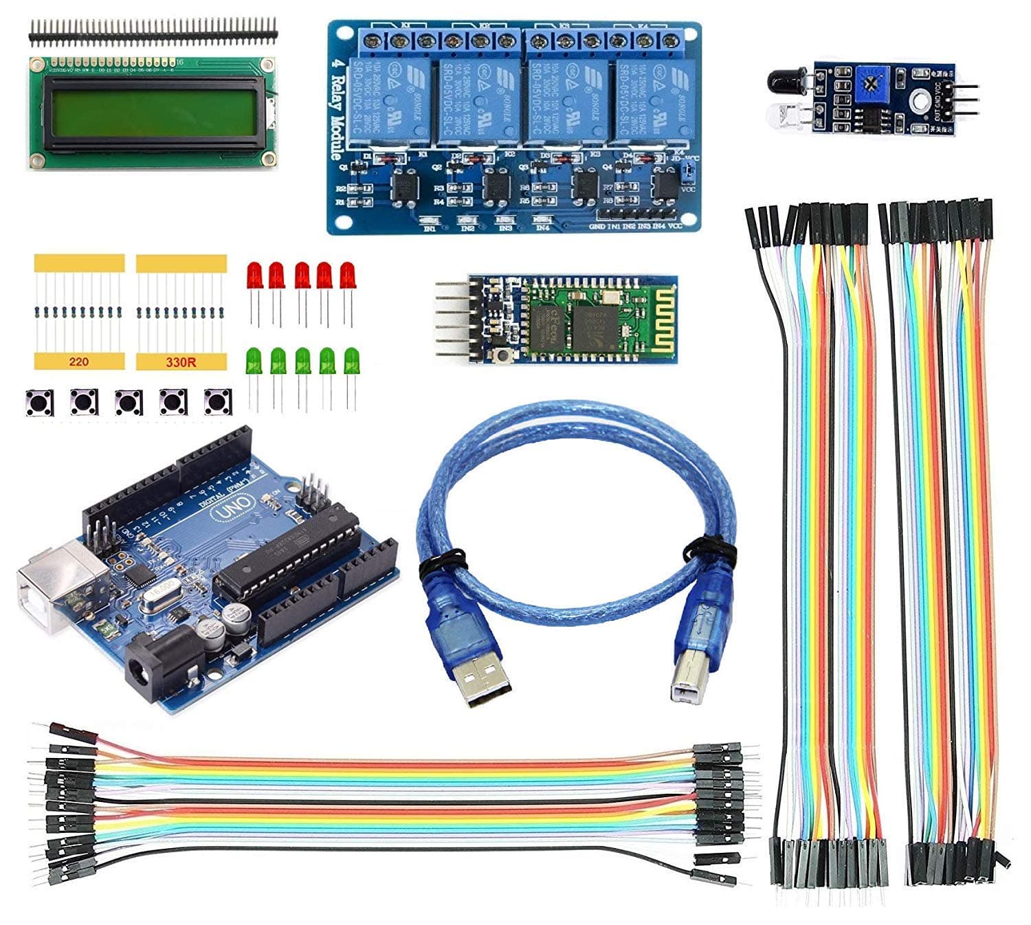 IDUINO Aduino Uno R3 Bluetooth Project Combo, with HC05 Bluetooth module, 4 channel relay board, 16x2 LCD and Jumper wires
