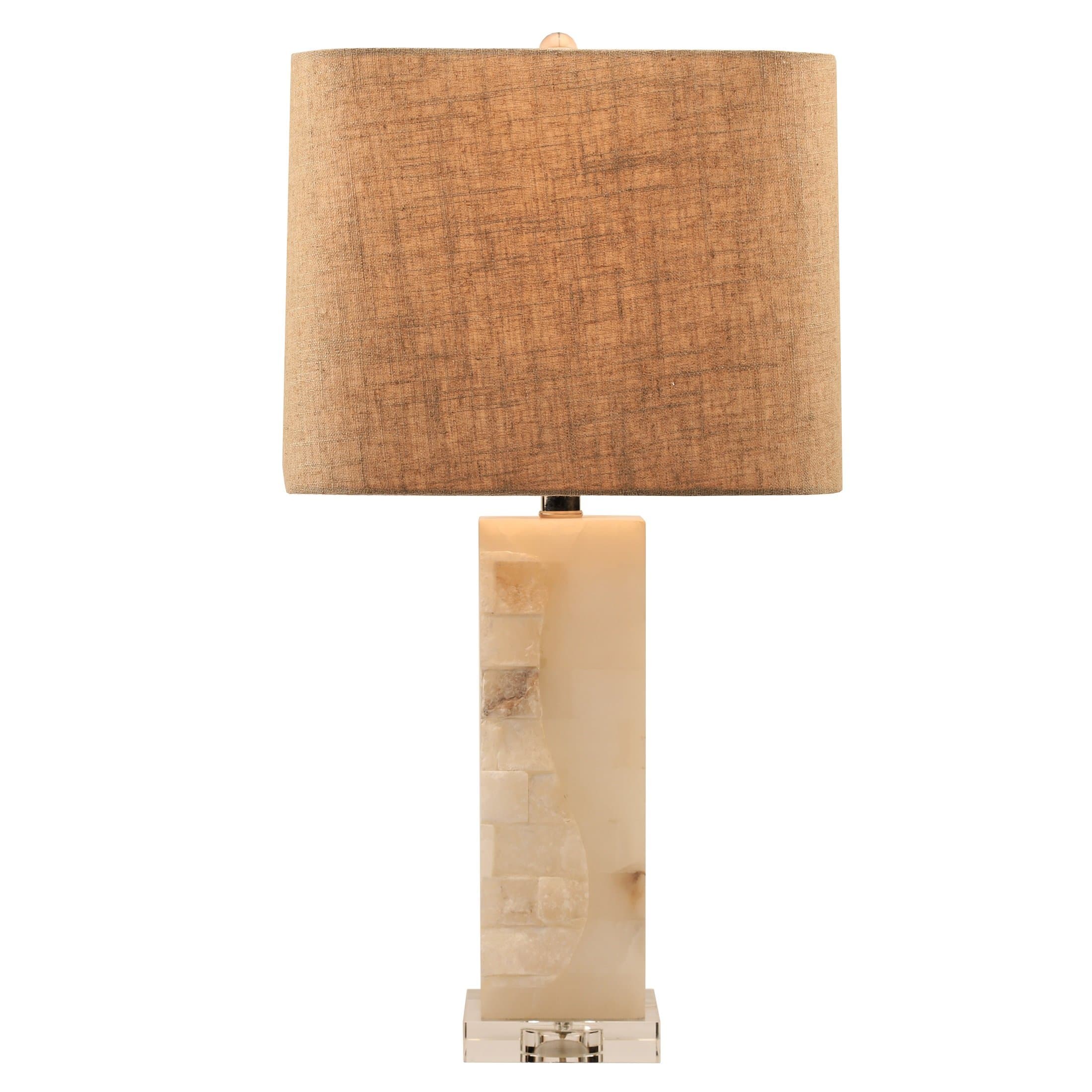 Alabaster Table Lamp,23.5“H Square Marble Desk Lamp with Clear Crystal Base,Natural Linen Shade,Harp Construction