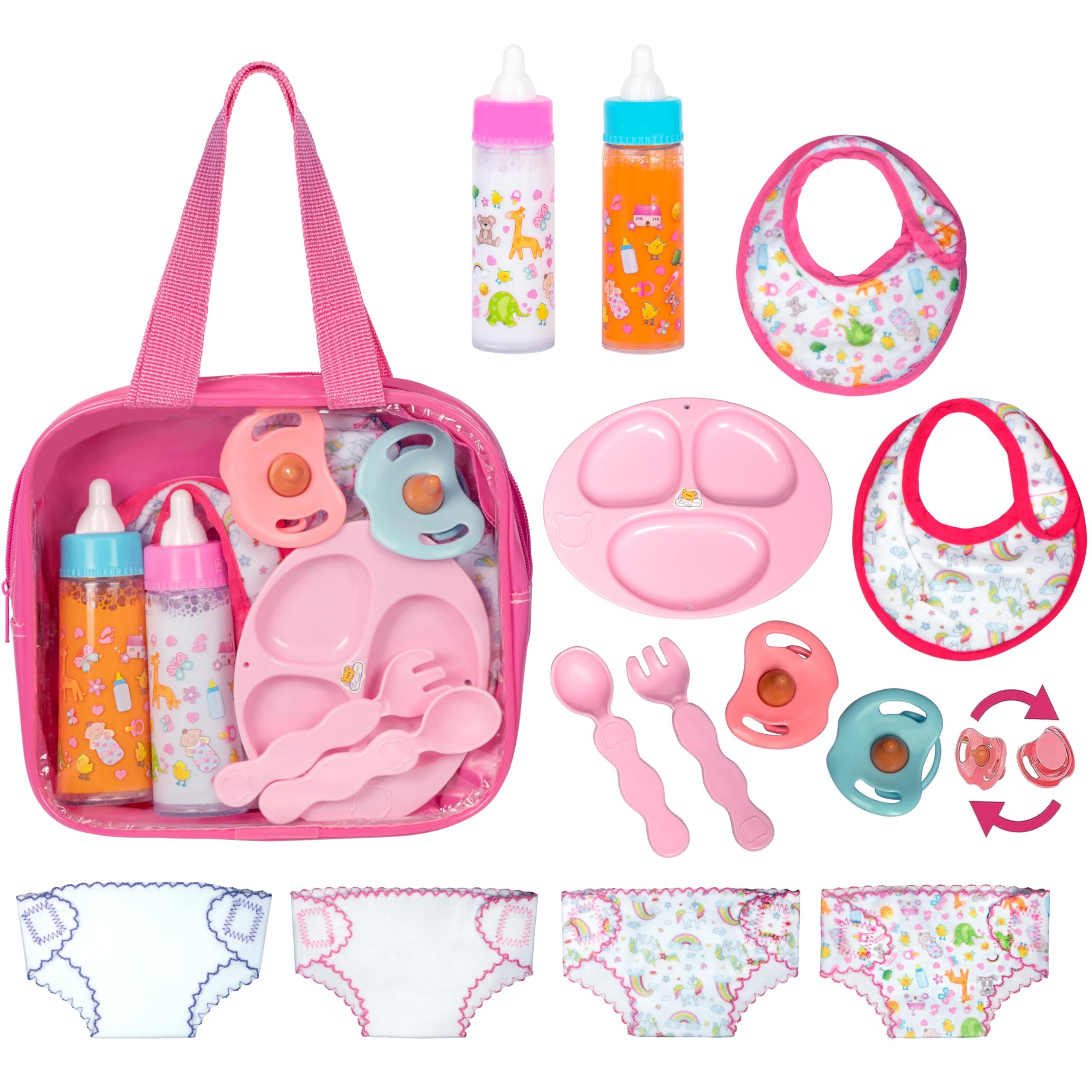 My Sweet Baby 13-Piece Doll Feeding & Diaper Bag Set – Disappearing Milk Bottles, Bibs, Pacifiers, Diapers & Accessories Set – Pretend Play Baby Doll Care Kit for Girls – Fits 12–18″ Dolls