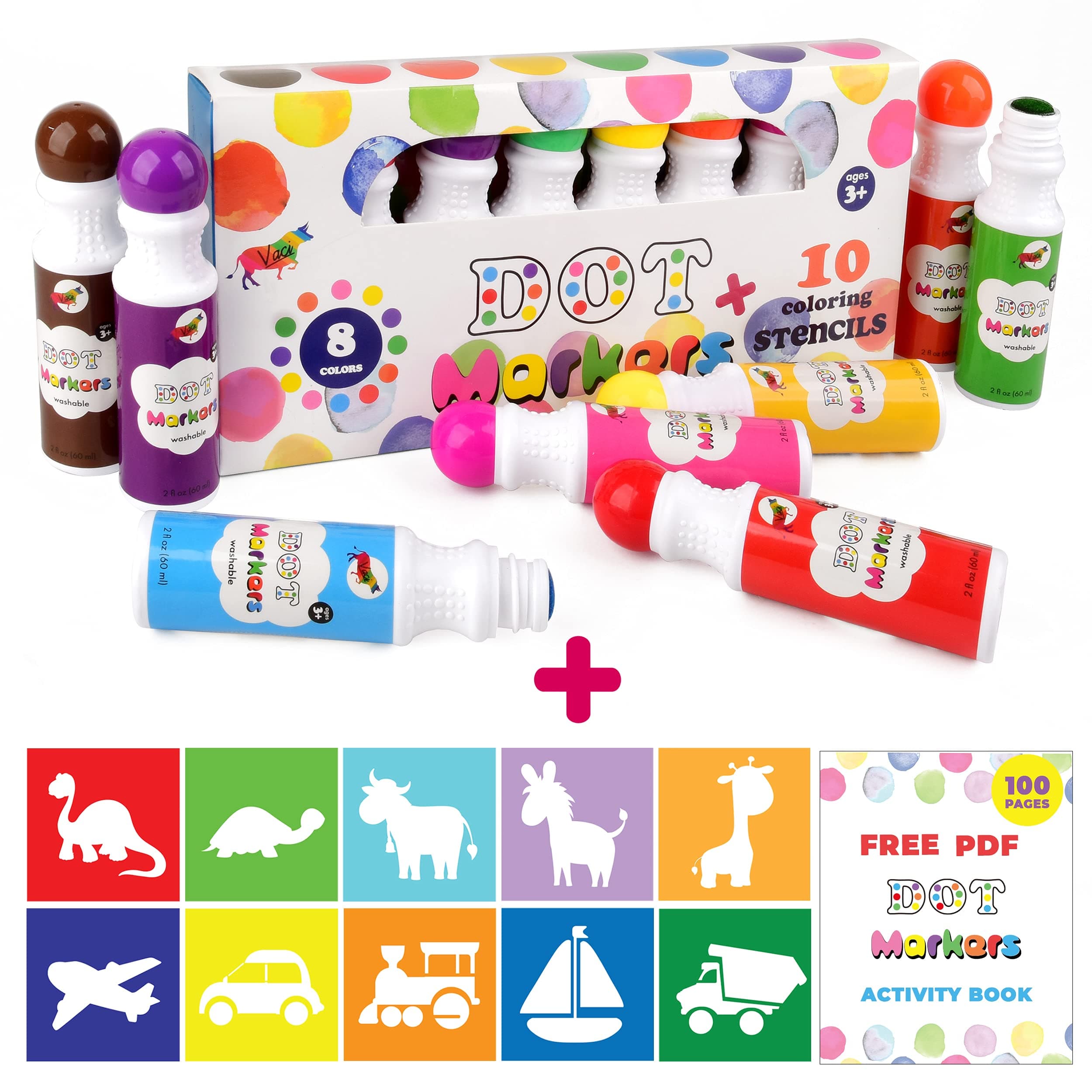 Vaci Dot Markers Set - 8 Paint Markers, 10 Coloring Stencils | Washable, Water-Based & Easy Grip | Good for Bingo, Crafts & Classrooms | For Toddlers, Preschoolers & Kids