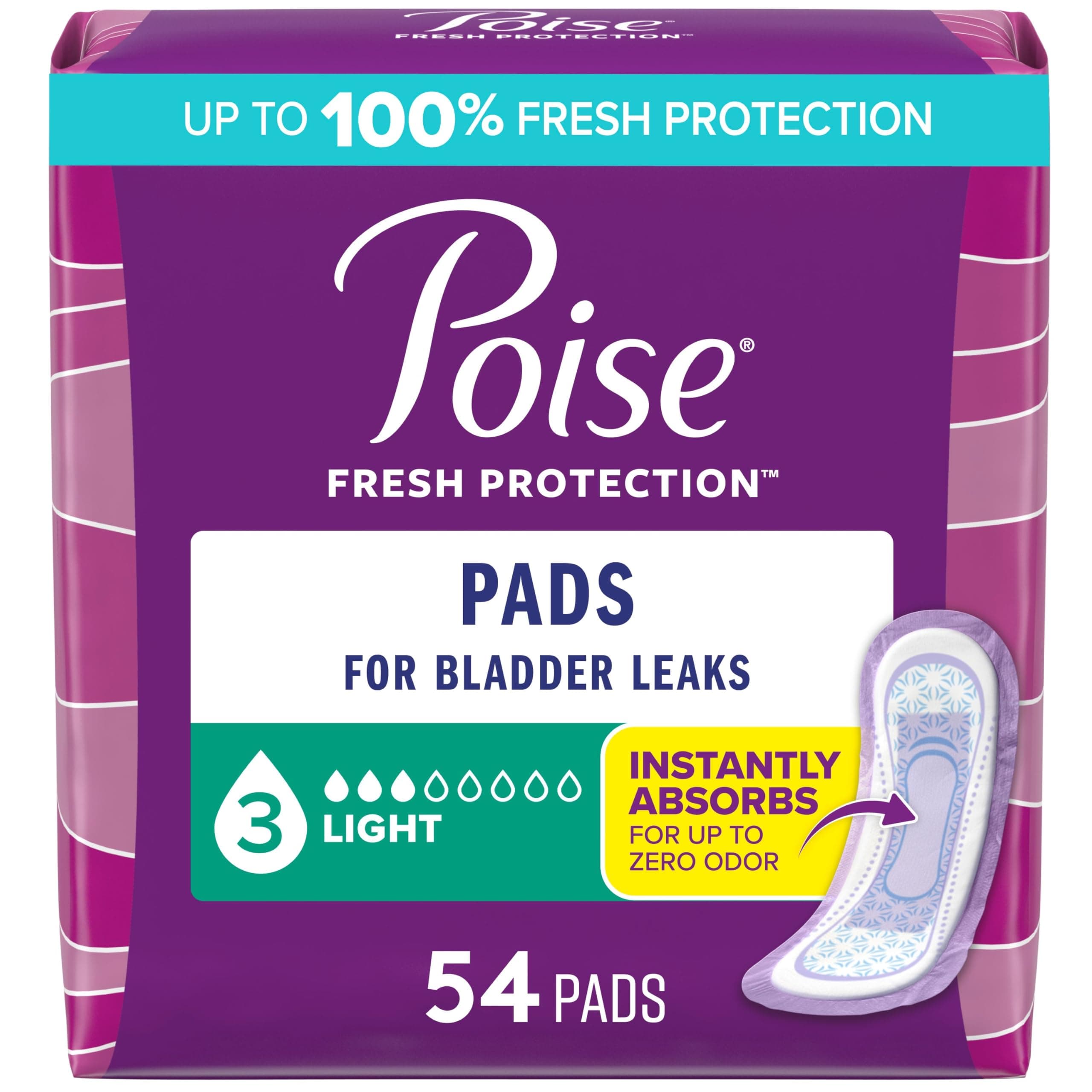 Incontinence Pads & Postpartum Incontinence Pads, 3 Drop Light Absorbency, Regular Length, 54 Count