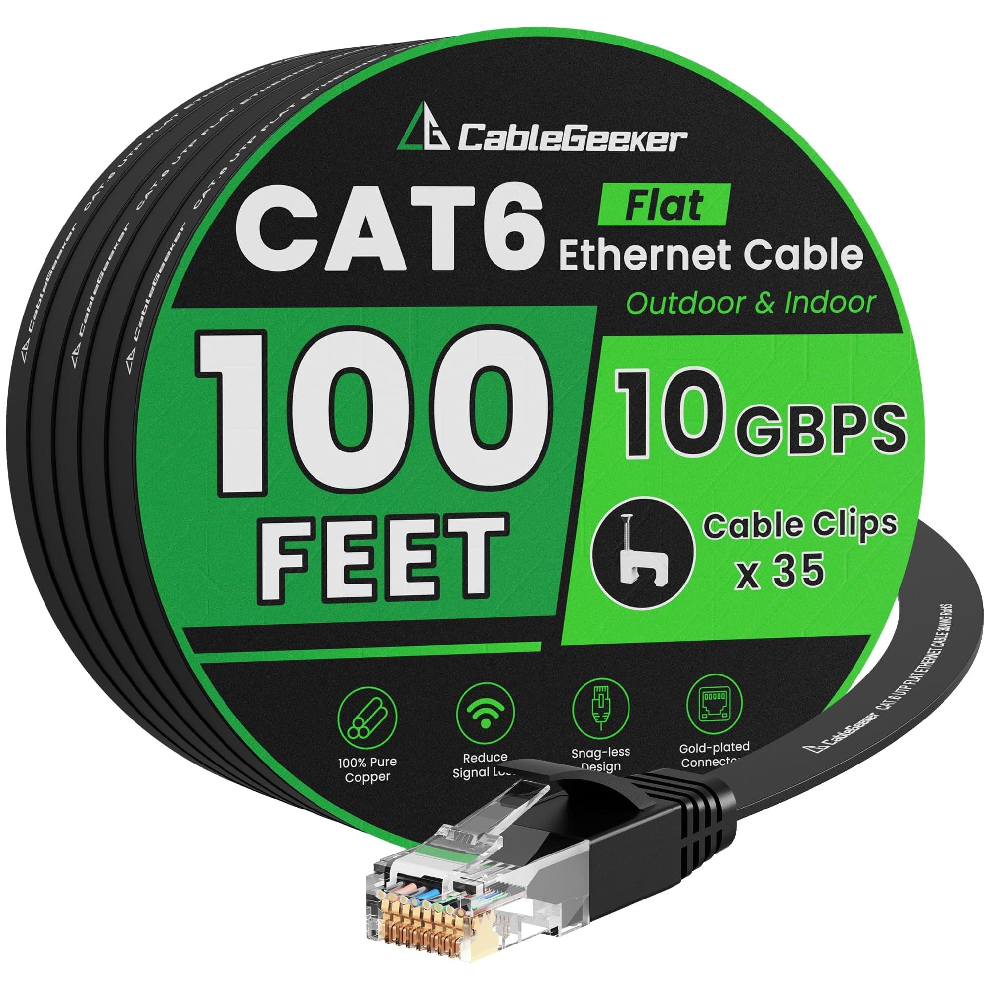 Cat 6 Ethernet Cable 100 ft, Indoor&Outdoor, High Speed 10Gbps Internet Network, Pure Copper Flat Ethernet Patch Cable Long, Computer LAN Cable with Clips & Straps for Router, Modem, PS4/5, Black