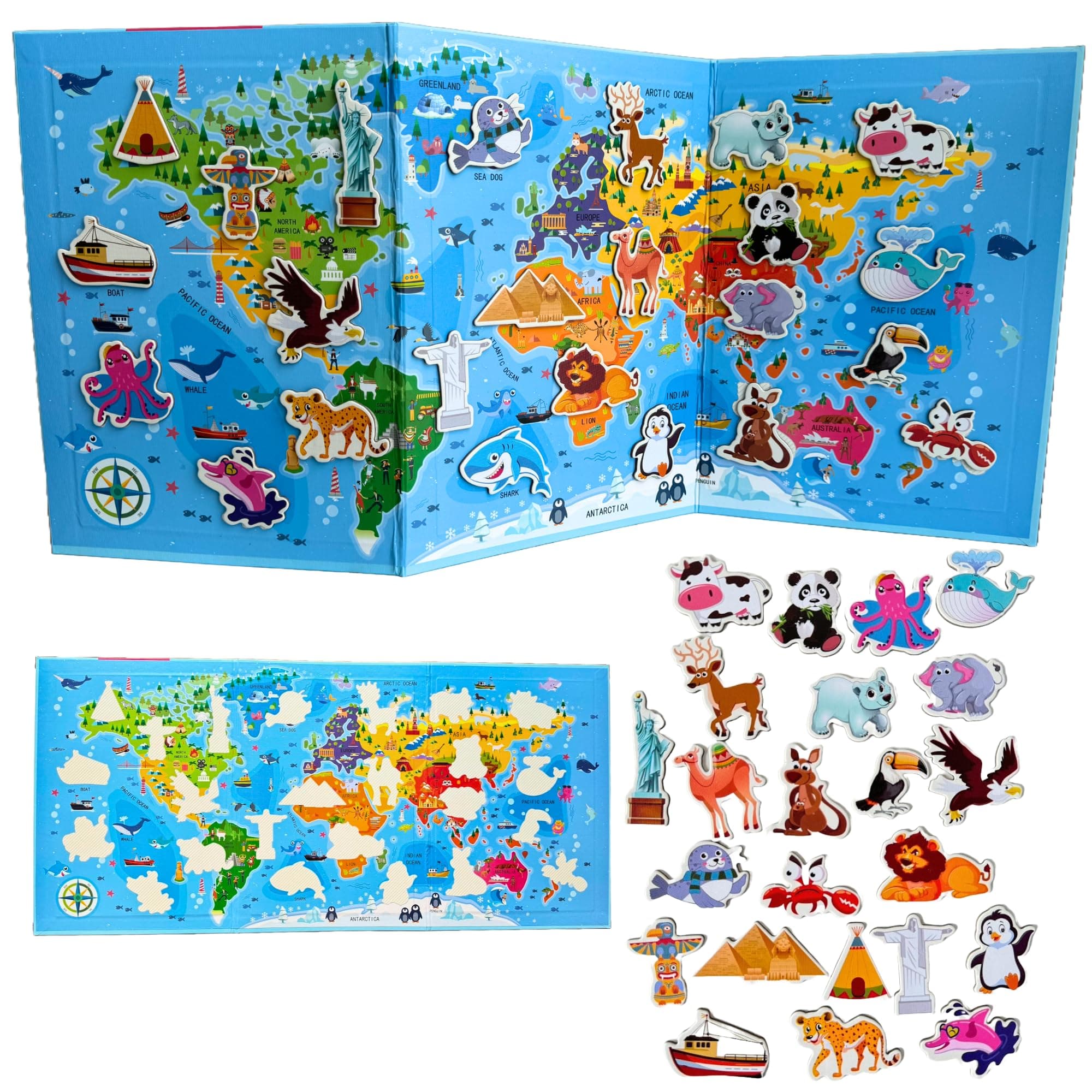 Fridge magnets for kids with world map, farm animals, wild animals, transport vehicles, sea animals of the world, Learning Resources, Educational Toys, Toys for 3 year old, fridge magnets for kids
