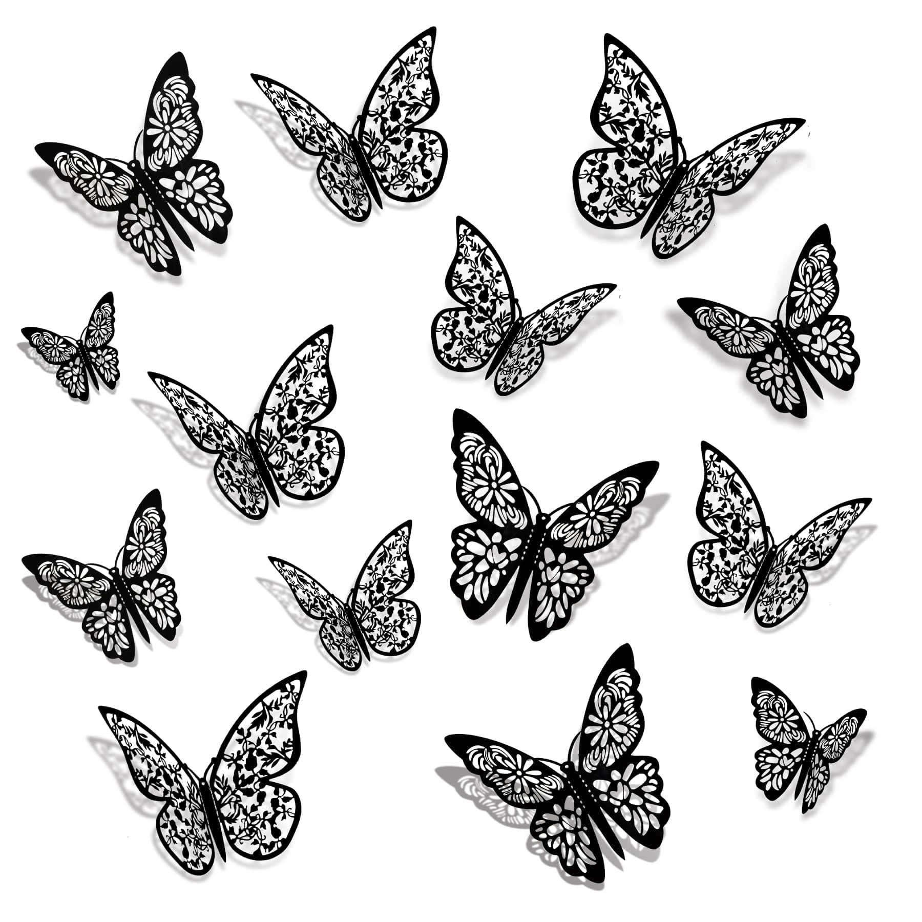 Gold 3D Butterfly Wall Decor, HKFUON 3 Sizes Removable Paper Butterfly Wall Stickers Decorations, Butterflies Decals for Party Birthday Cake Baby Shower Bedroom Wedding Crafts Decor (Black, 48pcs)