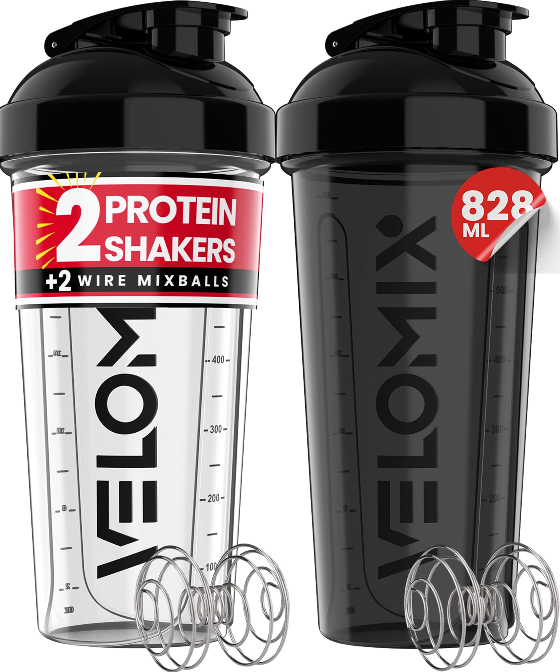 2 PACK- 828ml Protein Shaker Bottle - 2x Wire Mixball for Lump-Free Shakes | Leak Proof Shaker for Protein Shakes | Protein Shake Bottle for Mixing Powdered Shakes | BPA-Free Shaker Cup