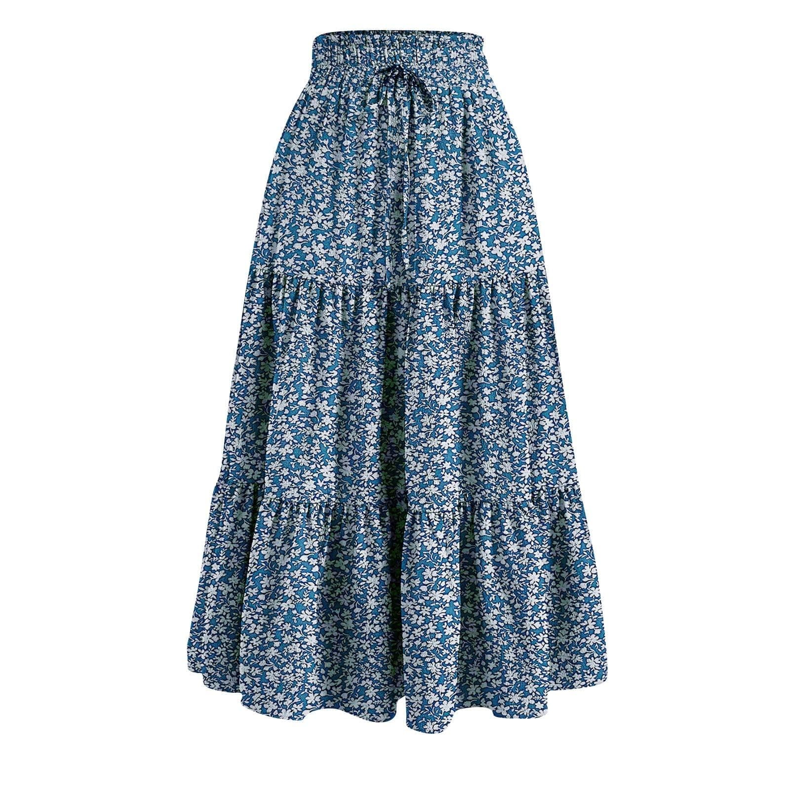 Floral Maxi Skirt for Women Summer Comfy Tiered Elastic High Waisted Skirts Vacation A-Line Flowy Swing Long Skirts