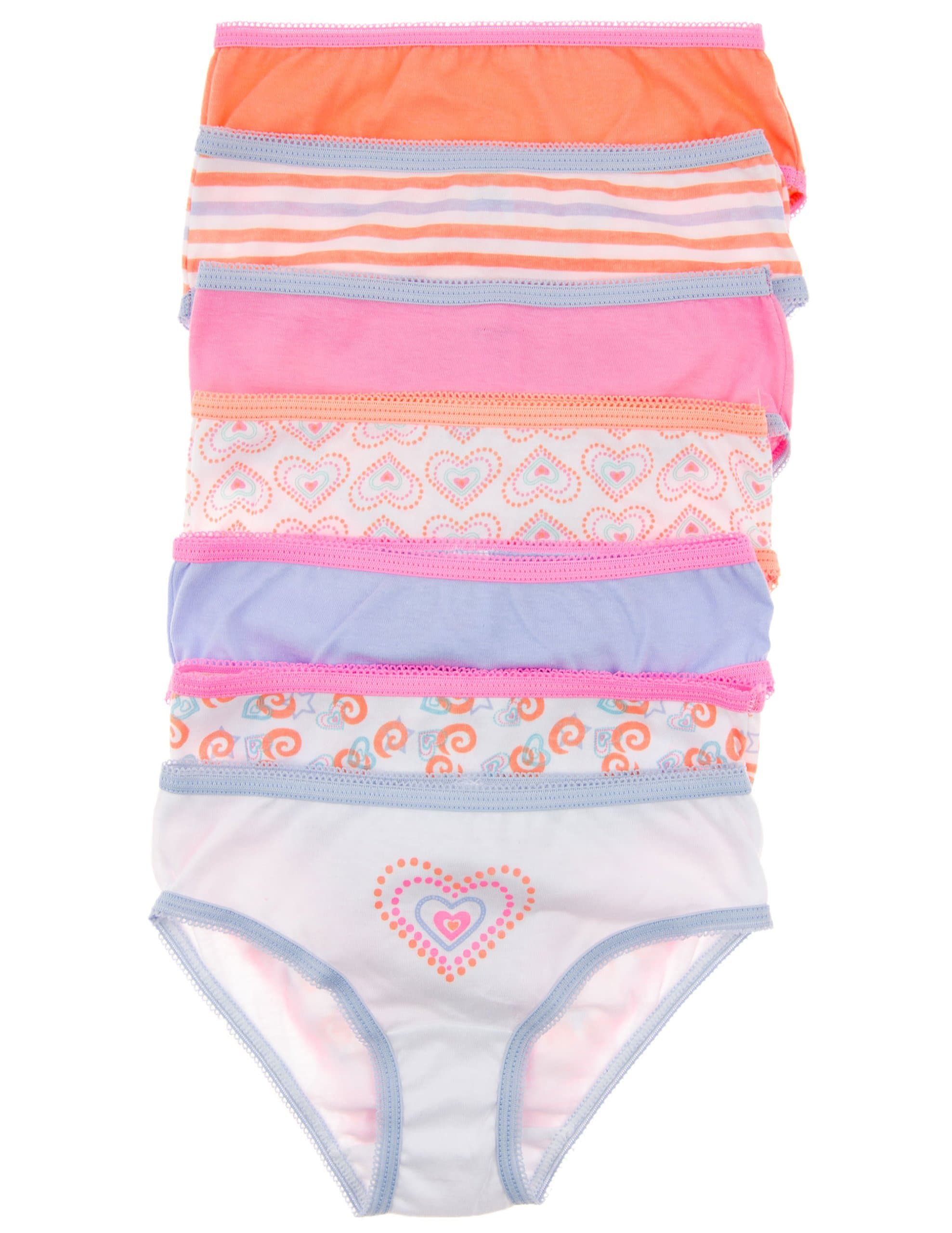 7 Pack 100% Cotton Girl's Brief Panties in Lots of Fun Colors (4, Dot Hearts Pack)