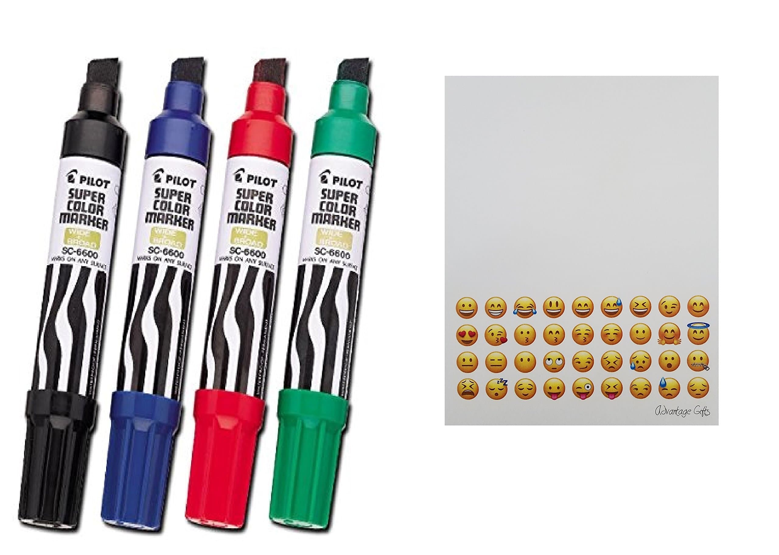 PILOT Jumbo Refillable Permanent Marker, Chisel Tip,Kit Black Red Blue Green Plus Free Gifts Emoji Printed Notepad From Advantage Gifts