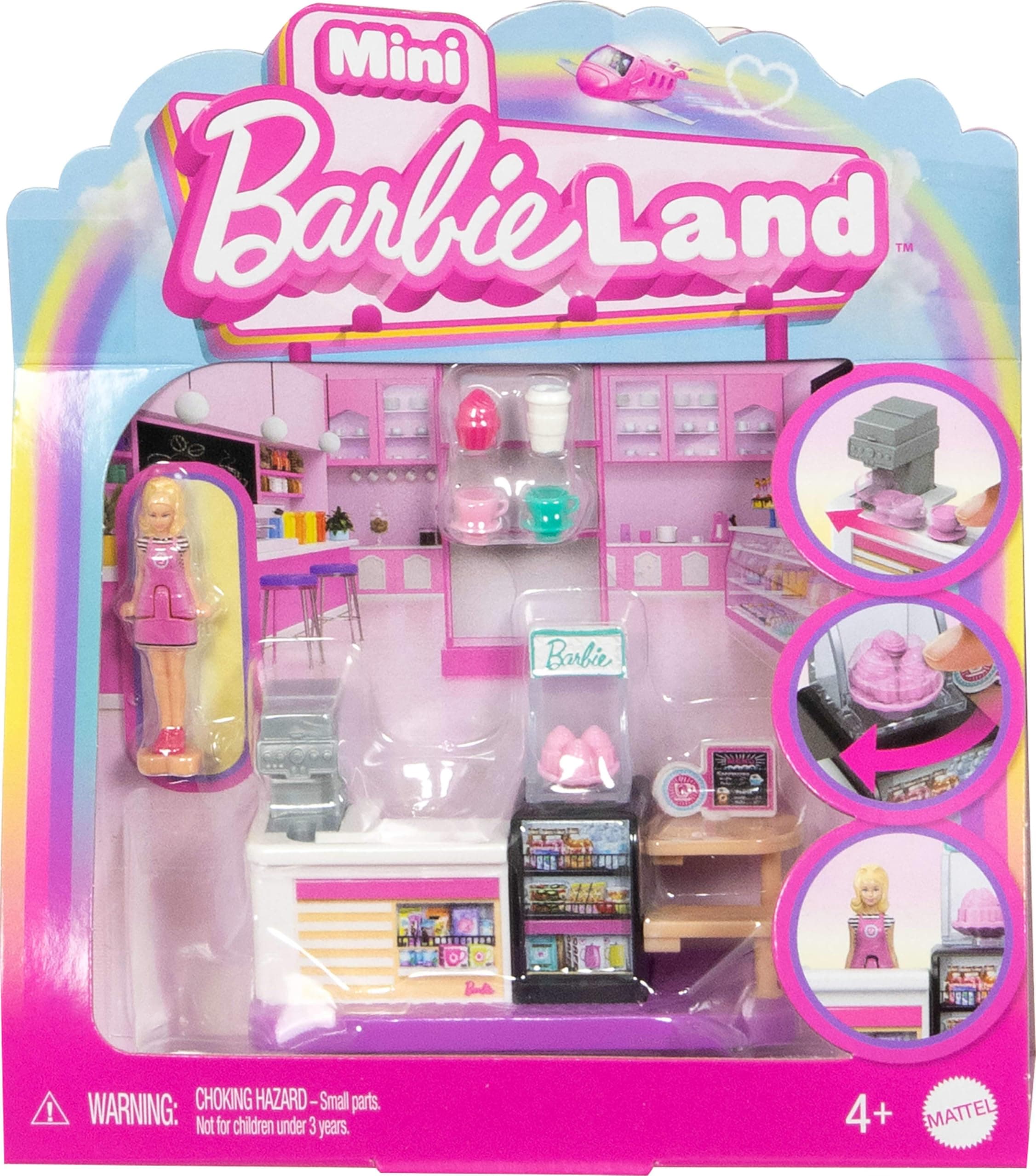 Barbie Mini BarbieLand Collectible Bakery Playset with 1.5-Inch Doll, Coffee Maker Station, Pastry Display and Seating Area for Storytelling Play, JCR31