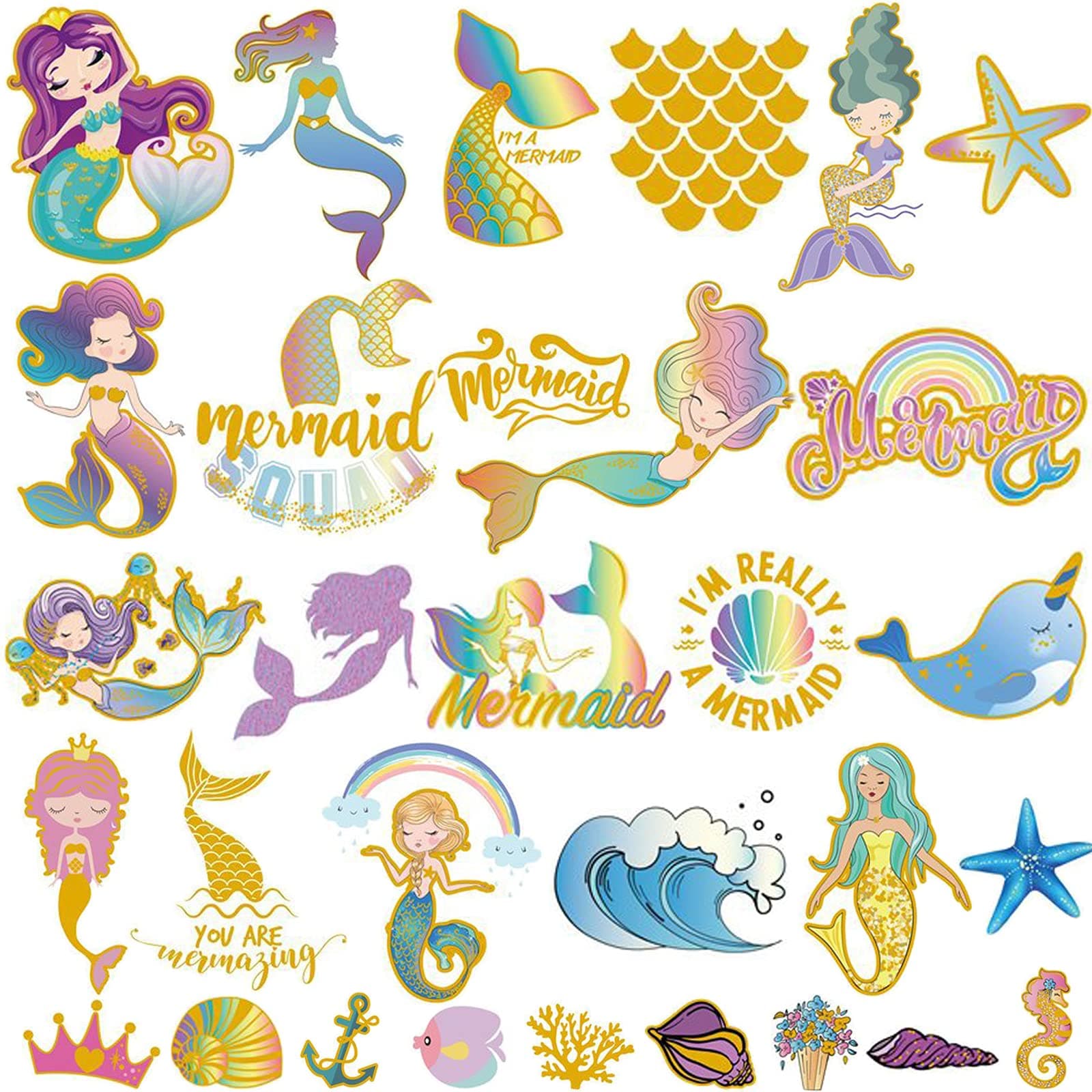Ooopsiun Glitter Mermaid Tattoos for Girls - Mermaid Birthday Party Favors decorations for Children Girls,7 Large Sheets