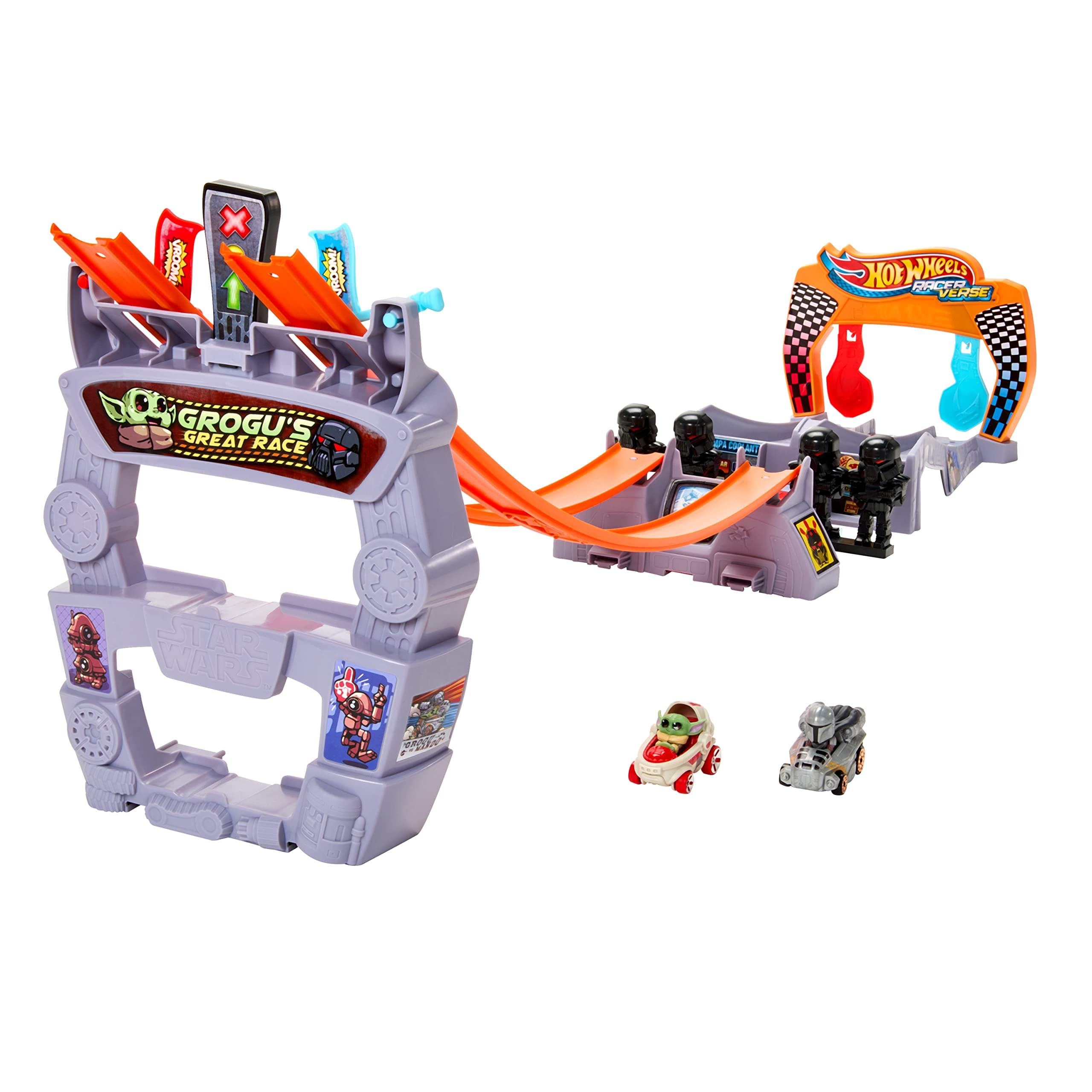 RacerVerse, Grogu s Great Race Track set, Star Wars Track Set with Die-Cast Hot Wheels Racers Inspired by Star Wars: Grogu and The Mandolorian, HPL32