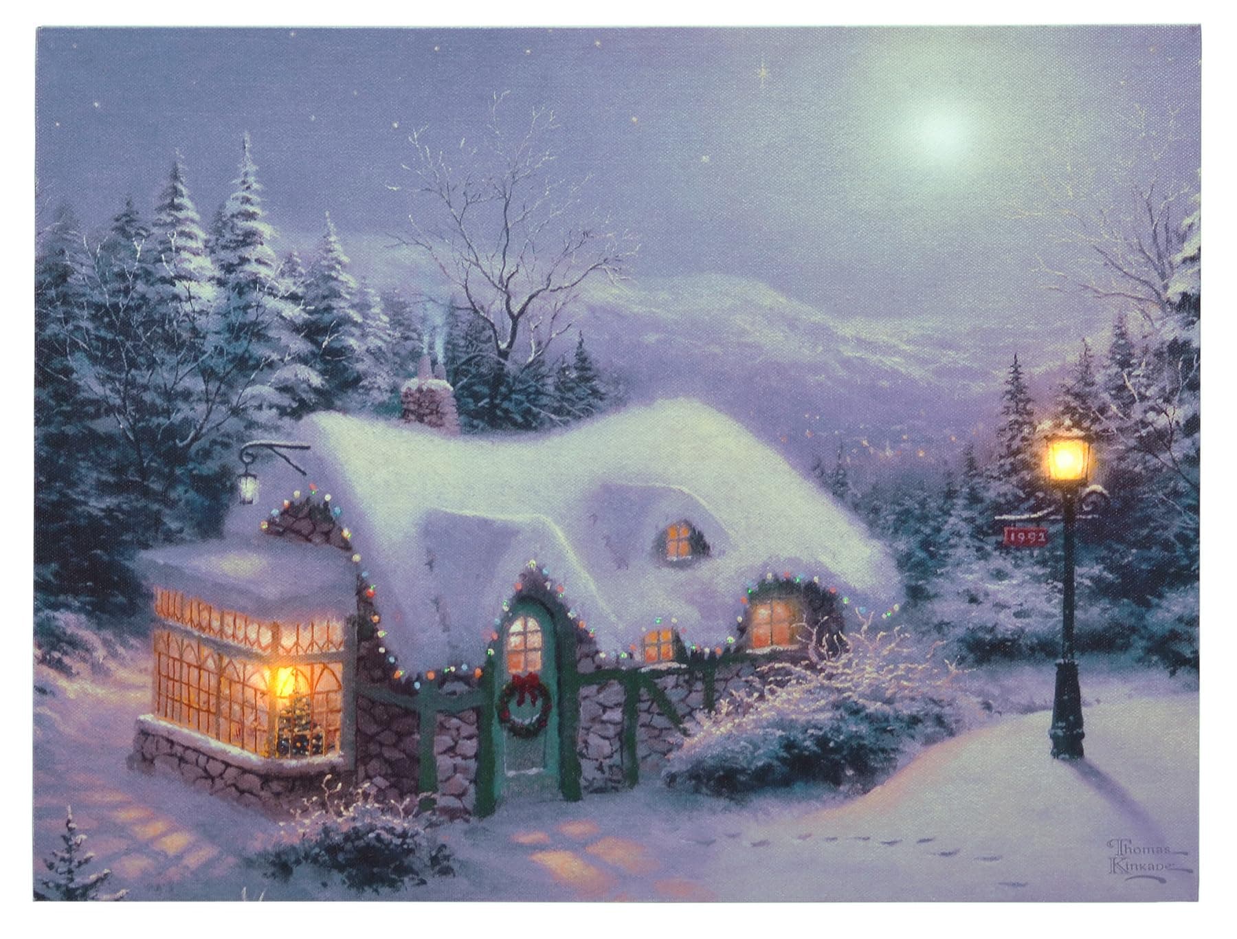 Thomas Kinkade Silent Night Pre Lit LED and Fiber Optic Canvas Holiday Artwork, 16 x 12