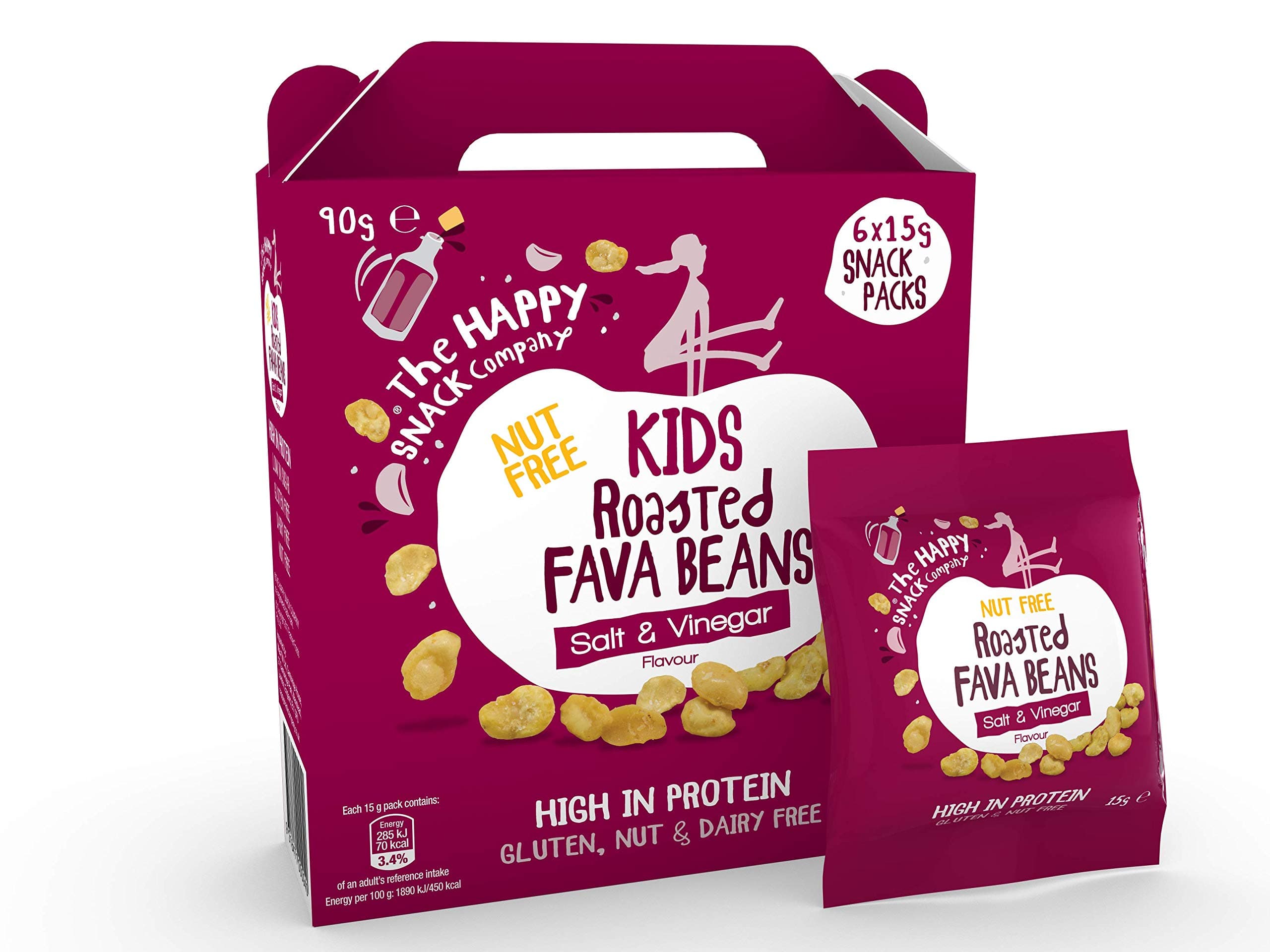 The Happy Snack Company Roasted Fava Beans, Salt and Vinegar Flavour Healthy Snacks, Lunchbox Friendly, High Protein, Low sugar, Nut and Gluten Free, Vegan, School Snacks, 15g Portion, Pack of 30