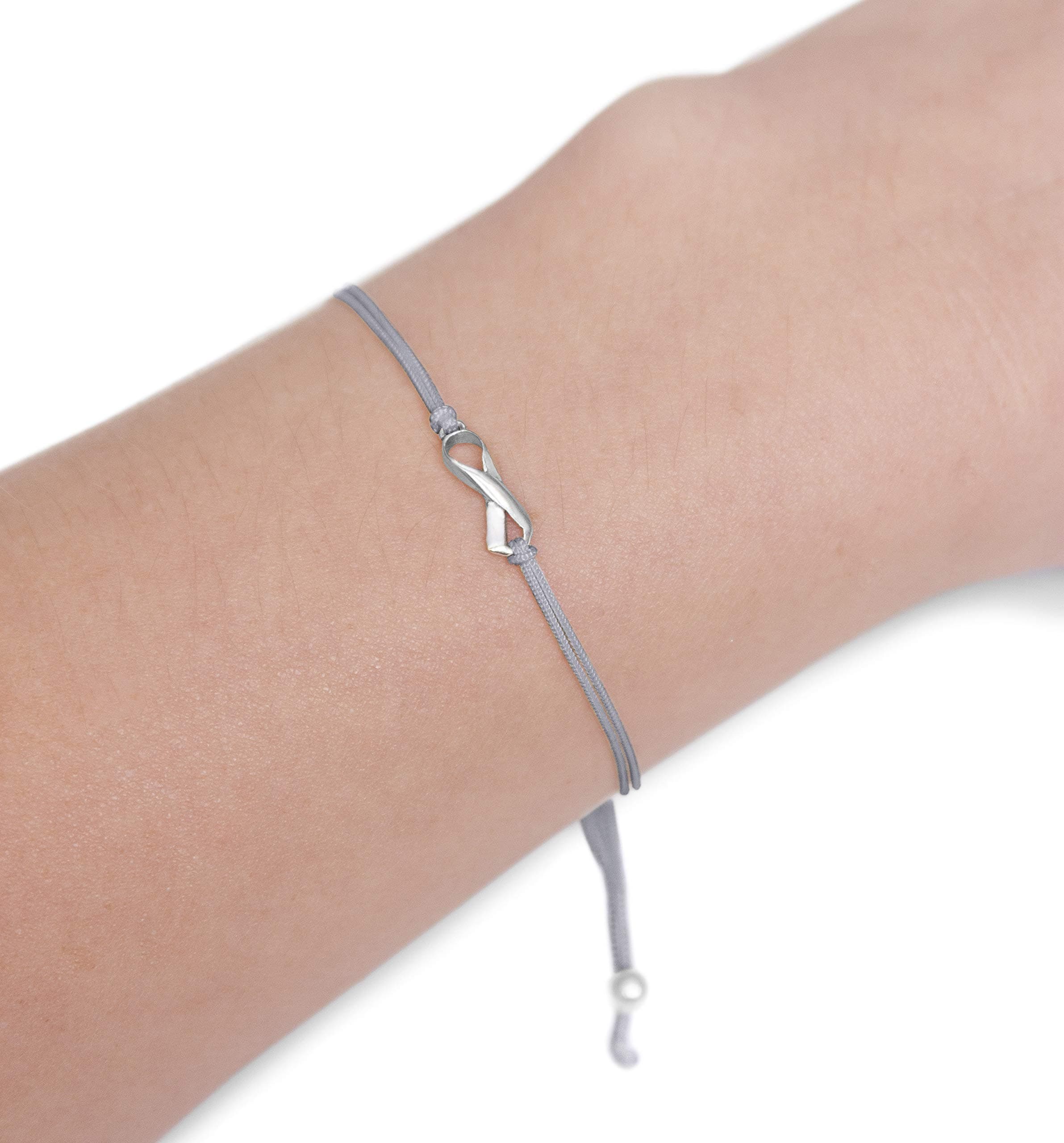 Claudia Lira JoyasGray Thread Friendship Support Bracelet, Small Handmade Sterling Silver Ribbon Shaped Charm. Aware for Brain Tumor Cancer, Parkinson's, Aphasia. Grey Adjustable Pull Cord