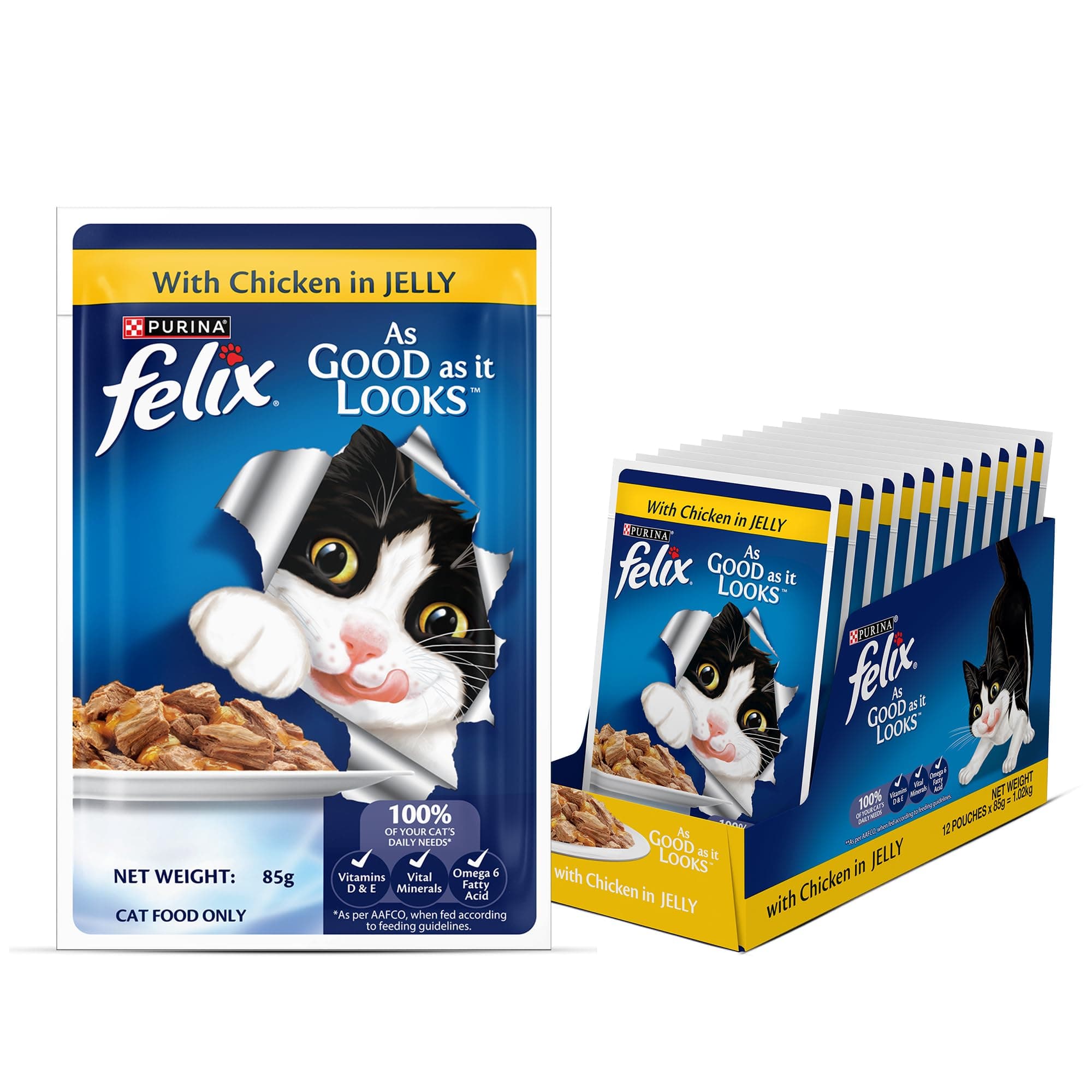 Felix with Chicken in Jelly | Wet Food for Adults | Complete and Balanced Cat Food, Pack of 12 Pouches (12 x 85 g)