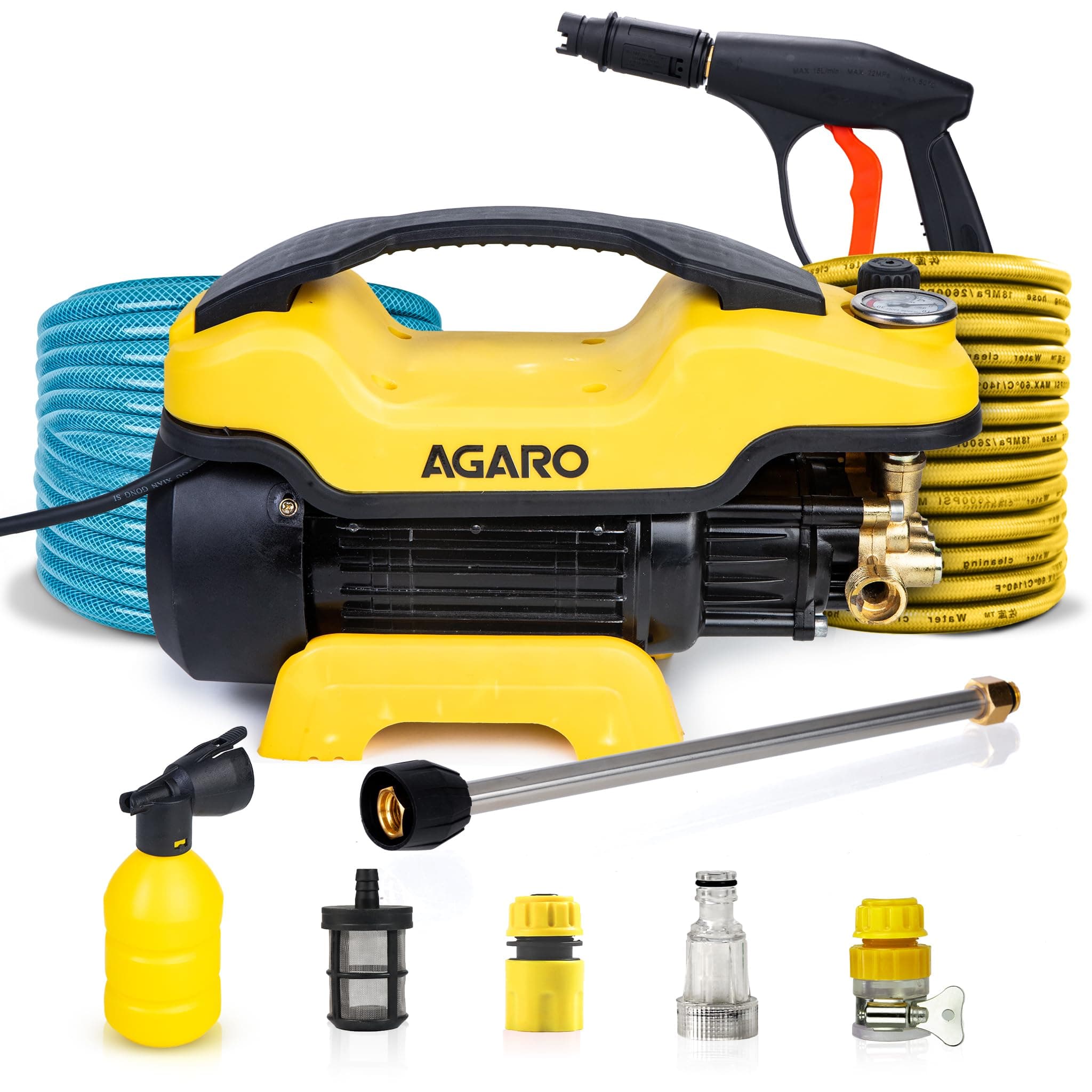 AGARO Supreme Plus Pressure Washer, Car Washer, 2200 Watts Motor, 8L/Min Flow Rate, 140 Bars, Adjustable Pressure Regulator, 8M Outlet Hose, 4M Power Cord, Car, Bike & Home Cleaning, Yellow