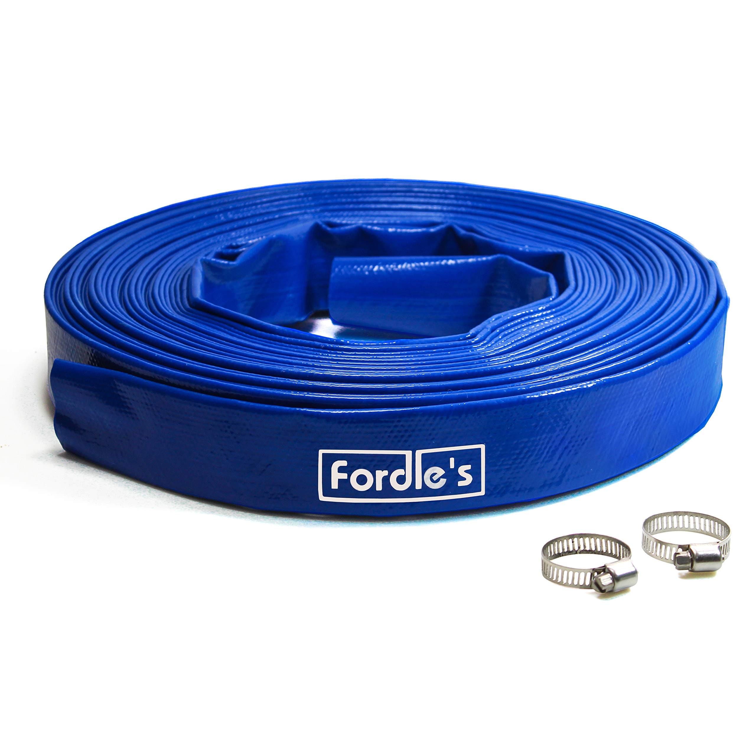 Fordle's 20m x 25mm Diameter Layflat Discharge Hose Pipe Compatible with Submersible Water Pump – Blue PVC Reinforced with Polyester– Includes 2 Clips