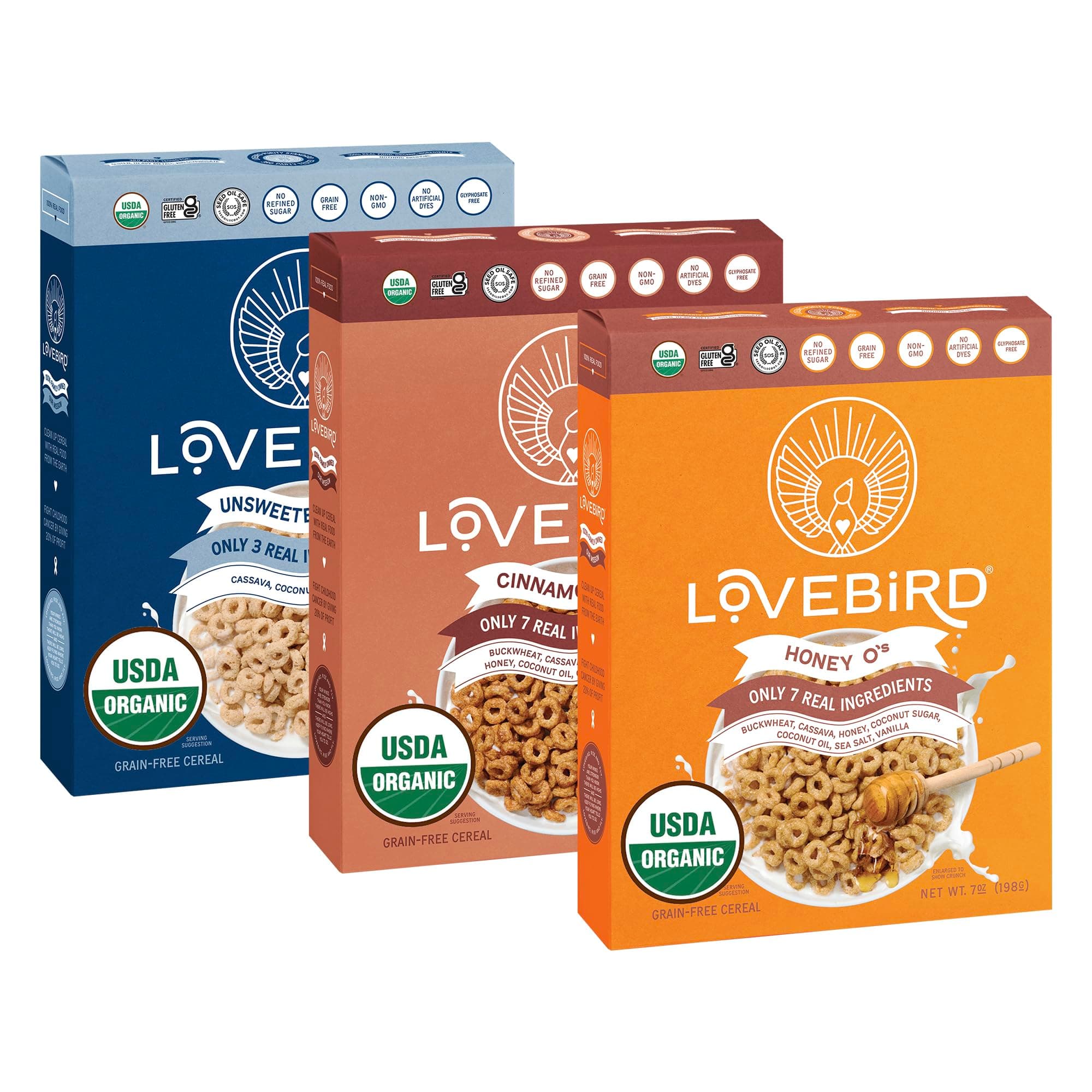 Lovebird Organic Cereal That Actually Tastes Good - 100% Real Food & Healthy Gluten Free Cereal, No Refined Sugar, Paleo, Keto Friendly Healthy Snacks for Kids, Adults - Variety, 3-Pack
