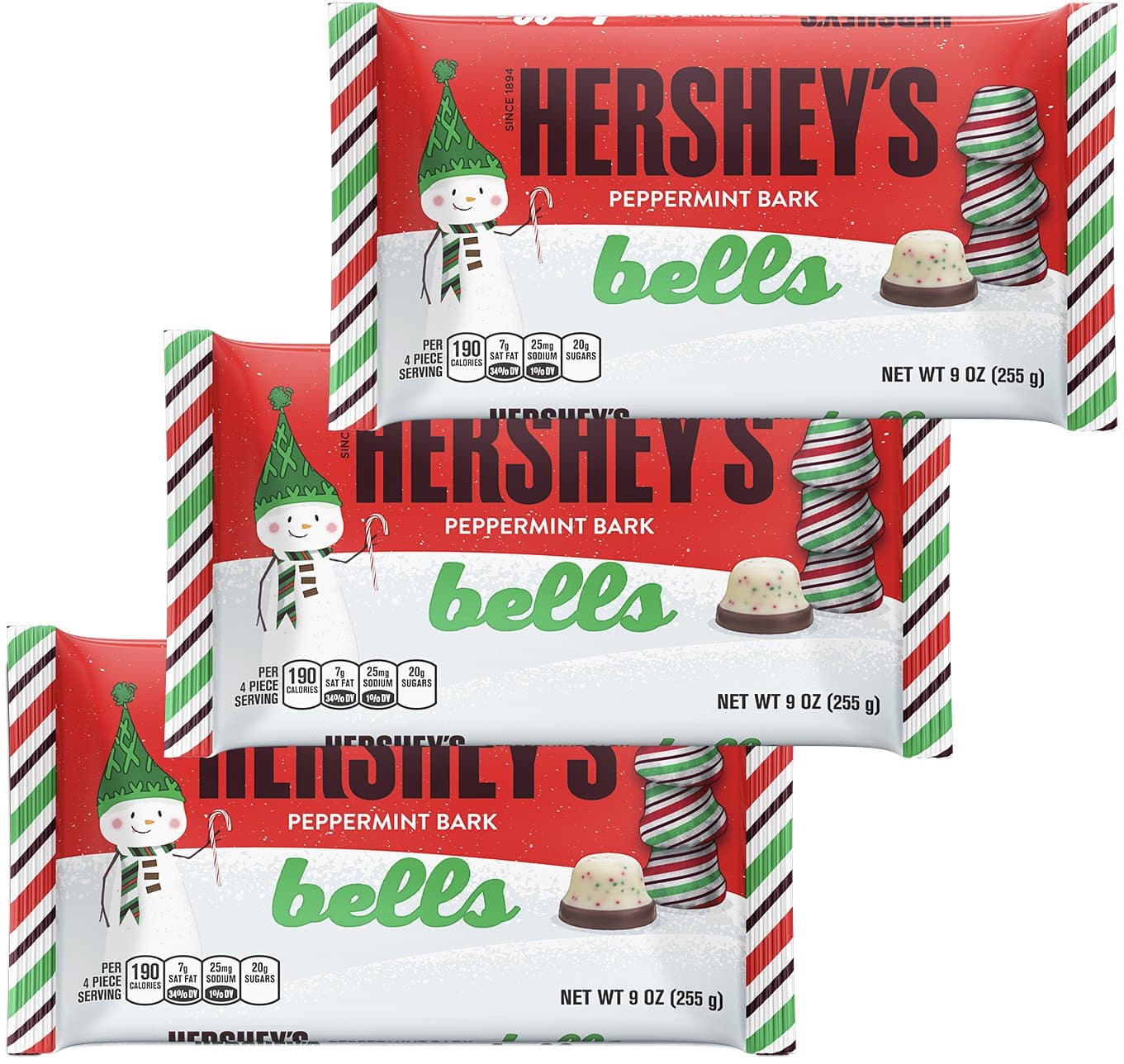 Hersheys Milk Chocolate PEPPERMINT BARK BELLS Christmas Variety Pack - Extra Creamy Solid Milk & White Chocolate - Wrapped in Seasonal Foil - 3 Pack (Peppermint Bark) Xmas Candies Assortment