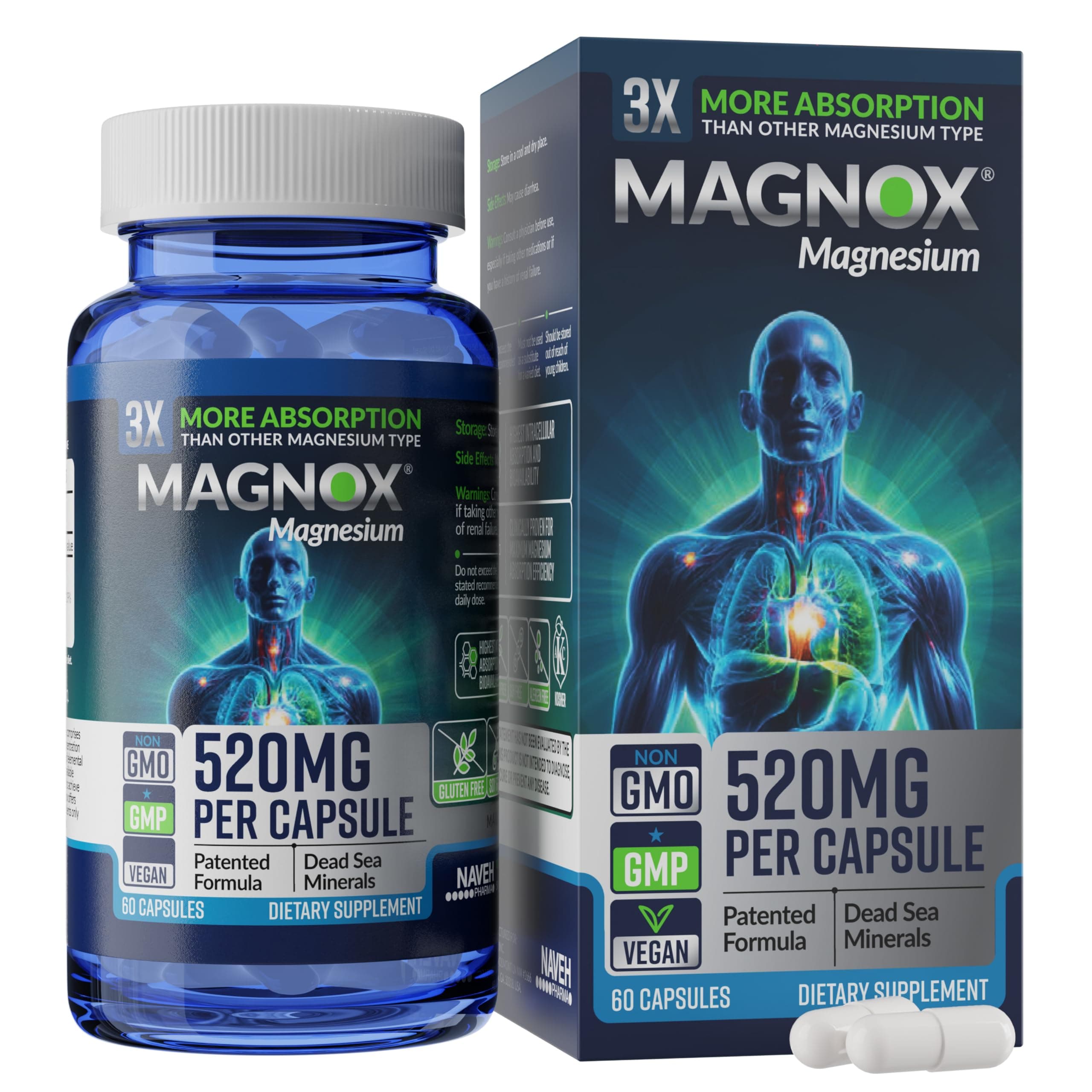 MAGNOX® 520 | Magnesium Supplement 520mg of High Absorption Magnesium for Men & Women with Dead Sea Minerals | 3X More Absorption | Patented Formula | Fast Sleep & Muscle Pain Relief (60 Vegan Caps)