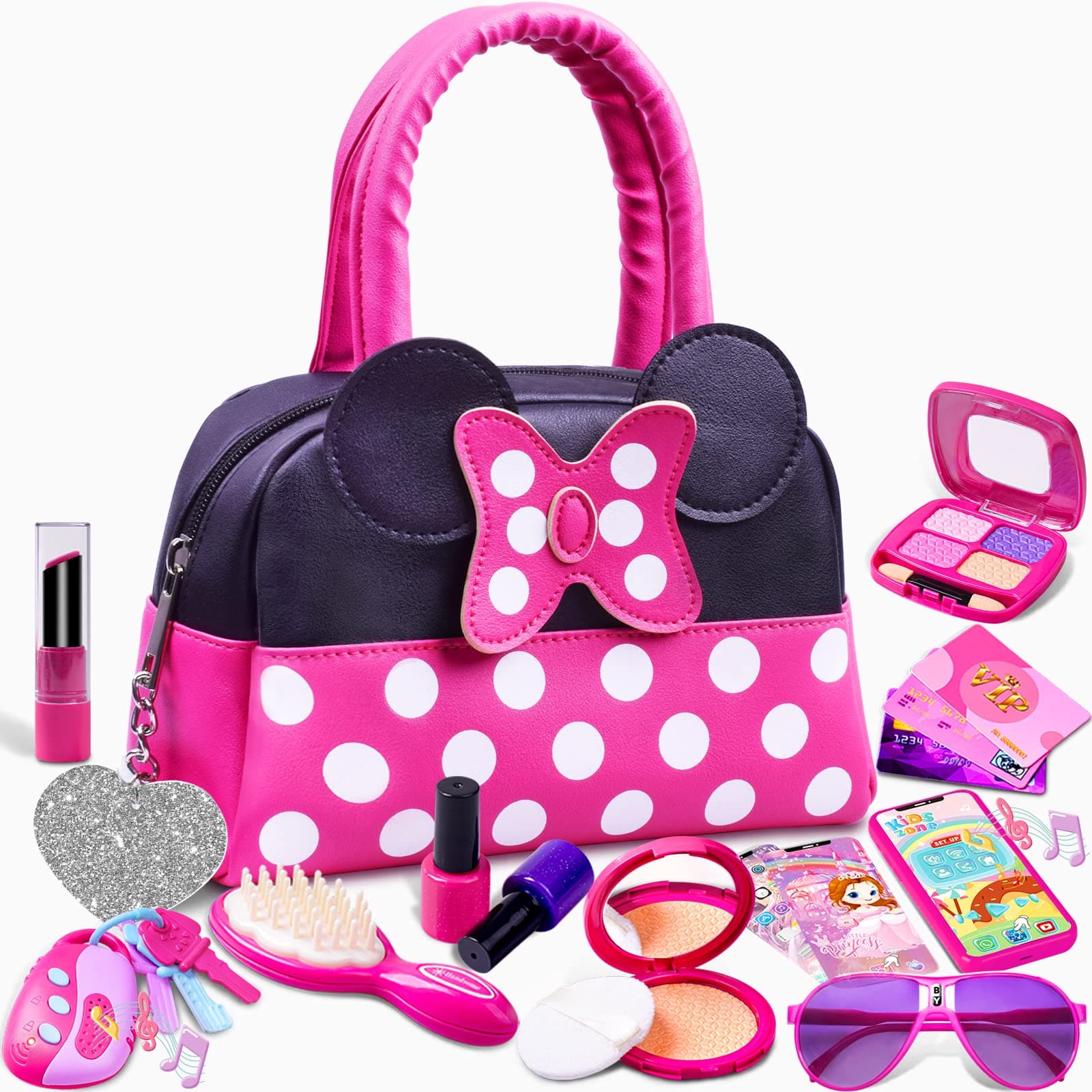 Pretend Play Purse for Little Girls-Toddler Purse Set Pretend Play Makeup Toys for 3 4 5 6 Year Old Kids,Toddler Purse with Accessories,Toy Purse Perfect for Girls Birthday Gifts (MNLSBB 2A)