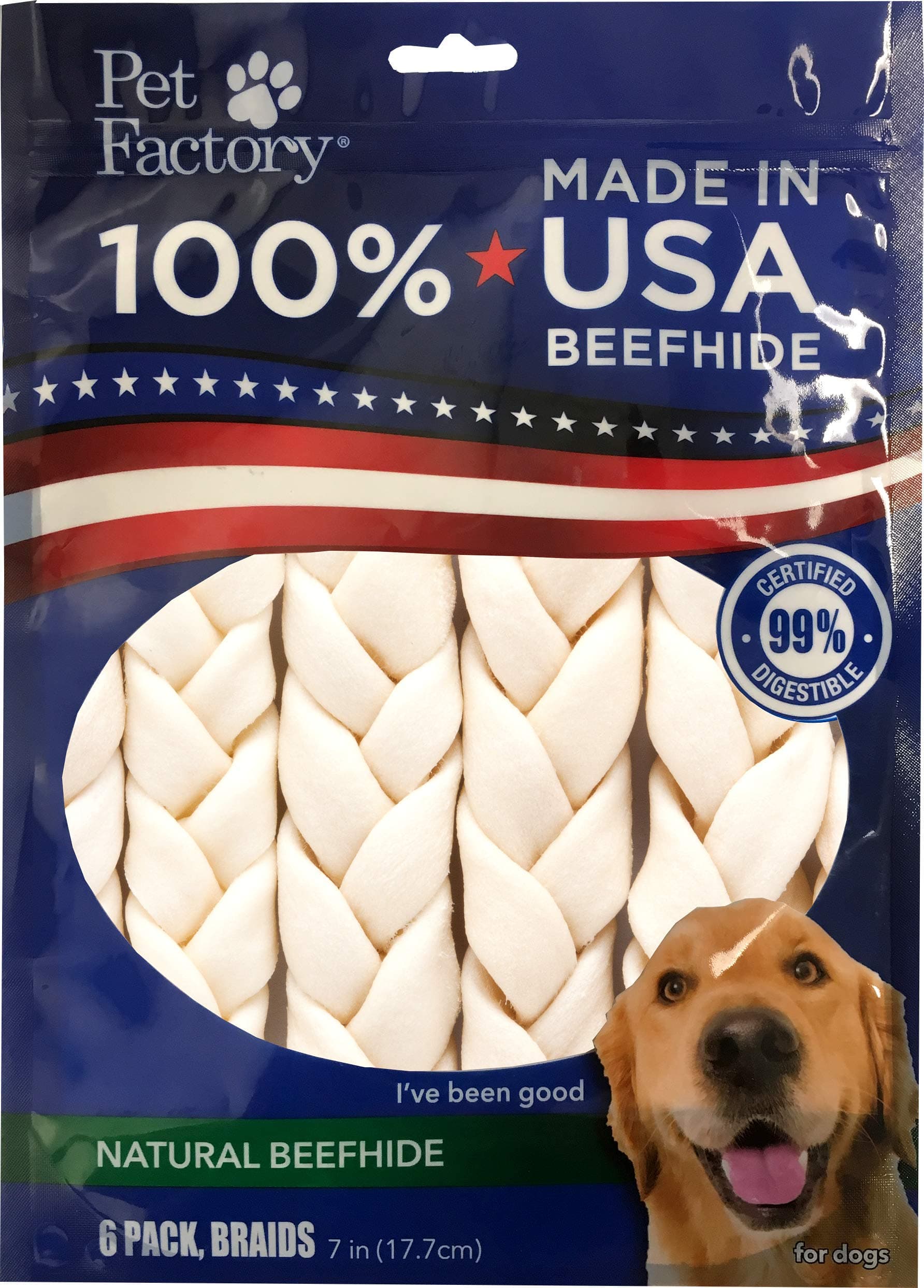 100% Made in USA Beefhide 7" Braided Sticks Dog Chew Treats - Natural Flavor, 6 Count/1 Pack