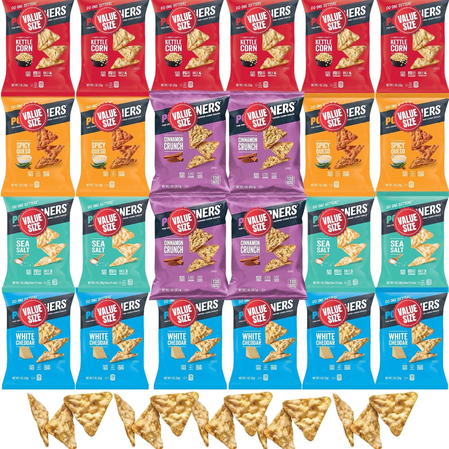 Pop-Cornners Snacks Gluten Free Chips, 5 Flavor Variety Pack 28 Count 1 oz Bags Packaged By Doomi, Individual Snack Bags in Sea Salt, White Cheddar, Sweet & Salty, Cinnamon Crunch and Spicy Queso Flavors - Low-Calorie Popcorn Chips for Snacking Care Packages Parties & More