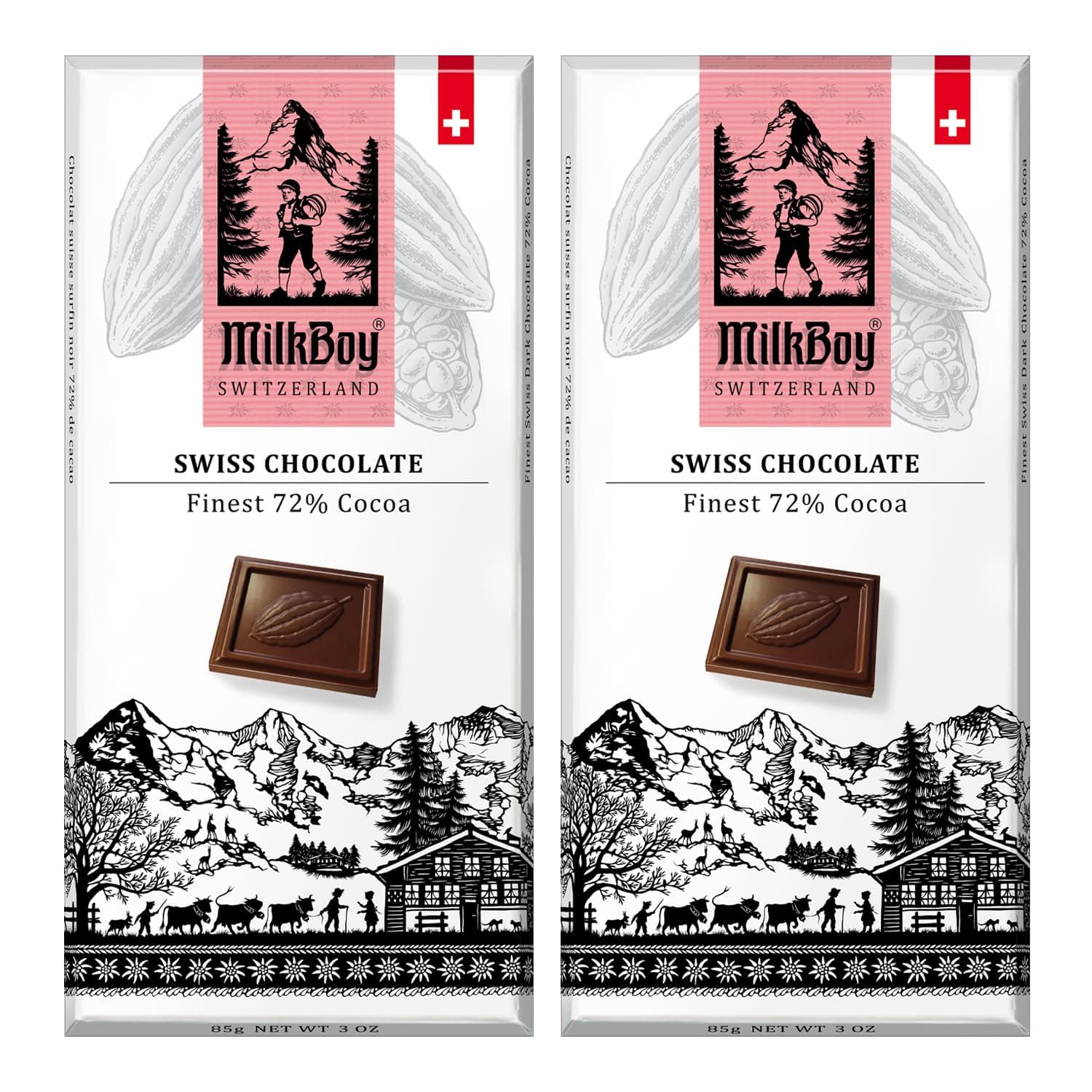 Milkboy Swiss Chocolates Dark Chocolates - 72% Cocoa, Made in Switzerland, Dairy Free, Vegan, Gluten-Free, Non-GMO, Kosher, Sustainably Farmed, European Chocolate - 3 oz, Pack 2