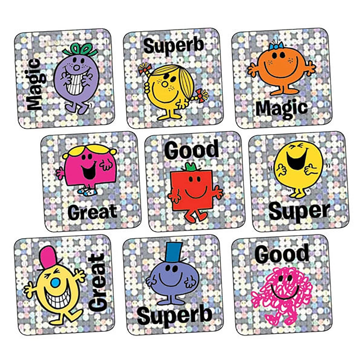 700 Holographic Sparkly Mr Men & Little Miss Square School Praise Teachers Reward Stickers 16mm Primary Teaching Services