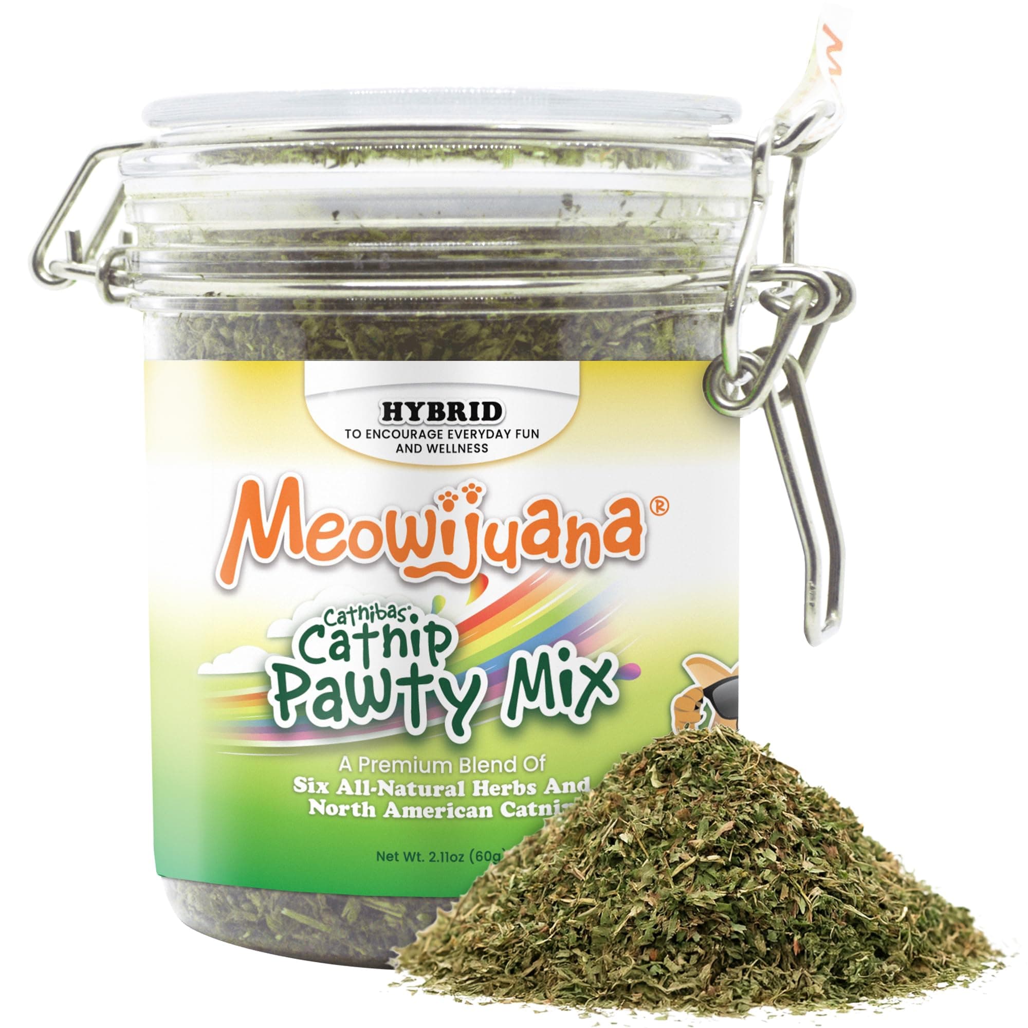 Meowijuana Catnibas Catnip Pawty Mix Jar | Premium Cat Nip for Cats with Silvervine, Passion Flower, Chamomile, Dandelion & Valerian Root | High Potency Catnip | 60g