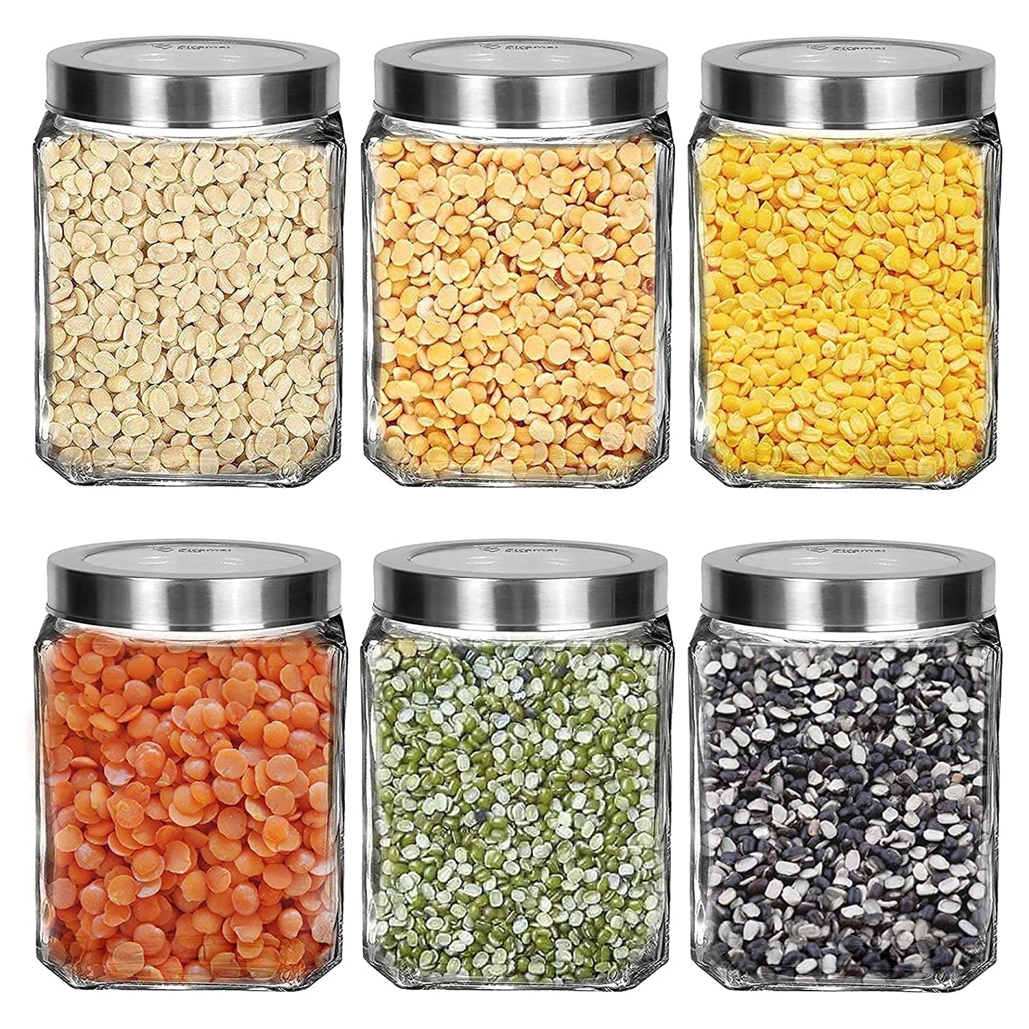 Piramal Glass Square Clear Jars & Containers for Kitchen Pantry, Snacks, Masala, Honey, Pickles, Cookies, Dry Fruits, and Coffee Beans Storage with Stainless Steel Lid (Cube Jar) (600ml, Set Of 6)