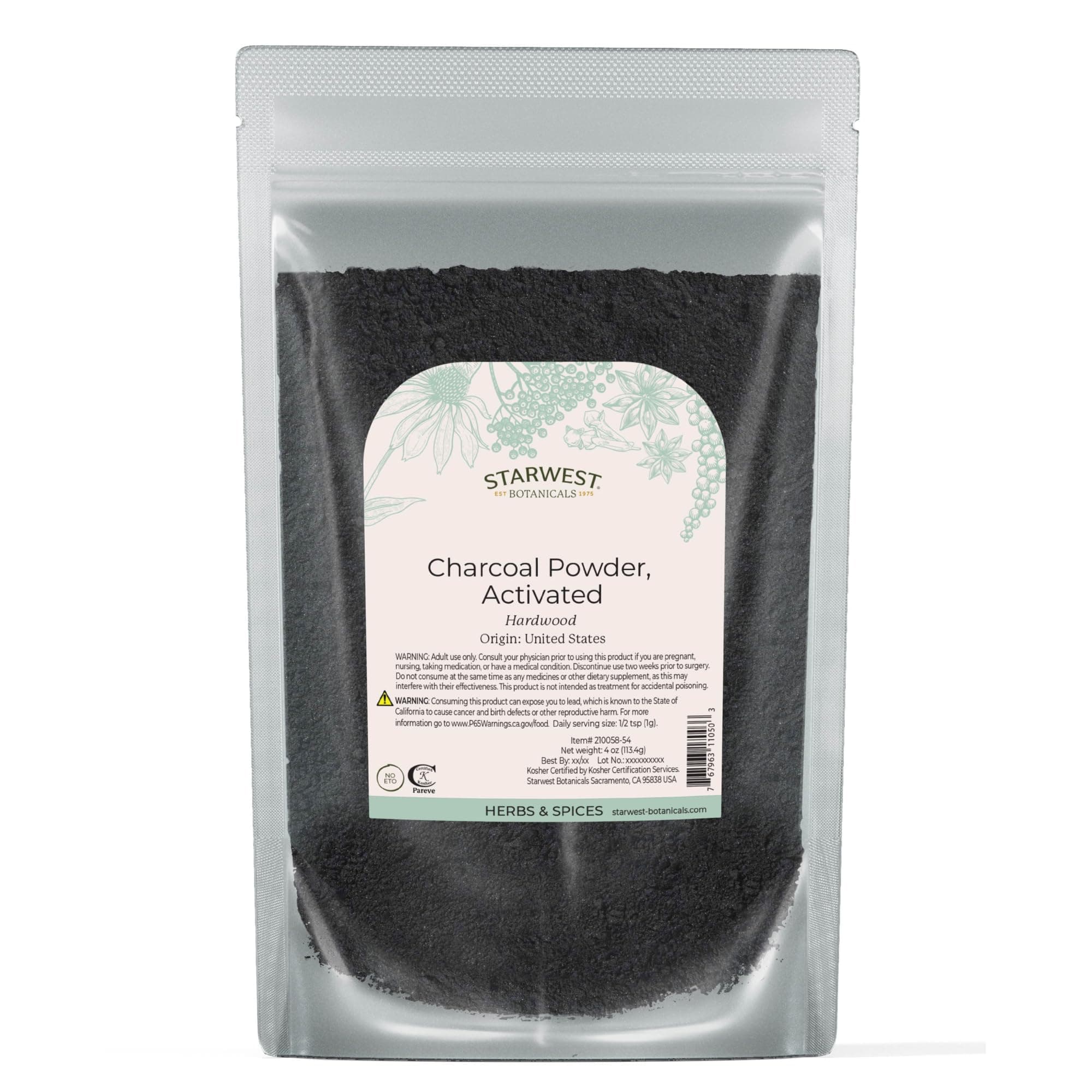 Starwest Botanicals Activated Hardwood Charcoal Powder - Use for Teeth Whitening, Face Masks, Skin Care, & Cleaning, Food Grade as a Processing Aid, Certified Kosher - 4 oz Bag