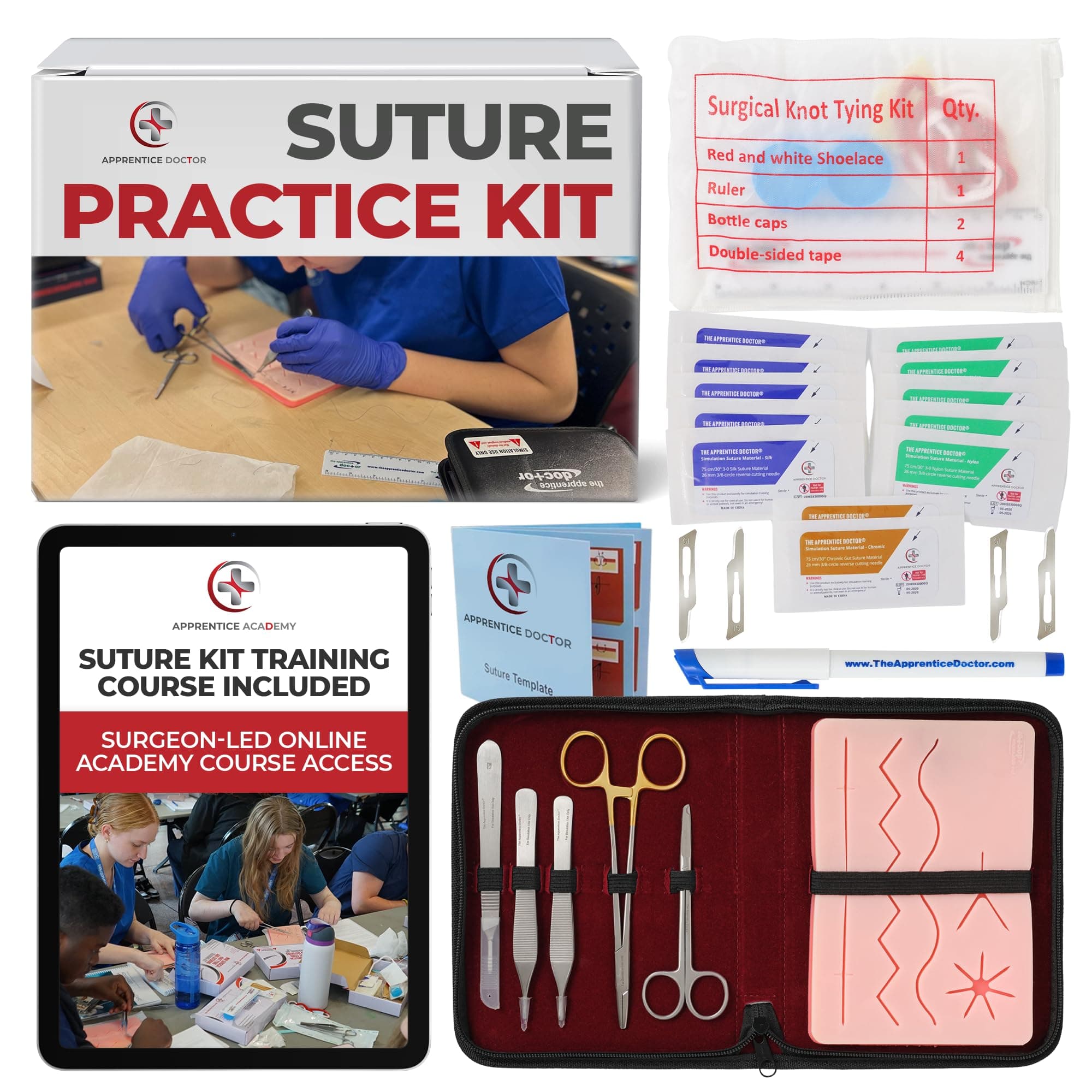 Suture Kit for Medical Students + Access to The Apprentice Academy's in-Depth Online Suturing Course. Course & Practice Kit Designed by an Experienced Surgeon