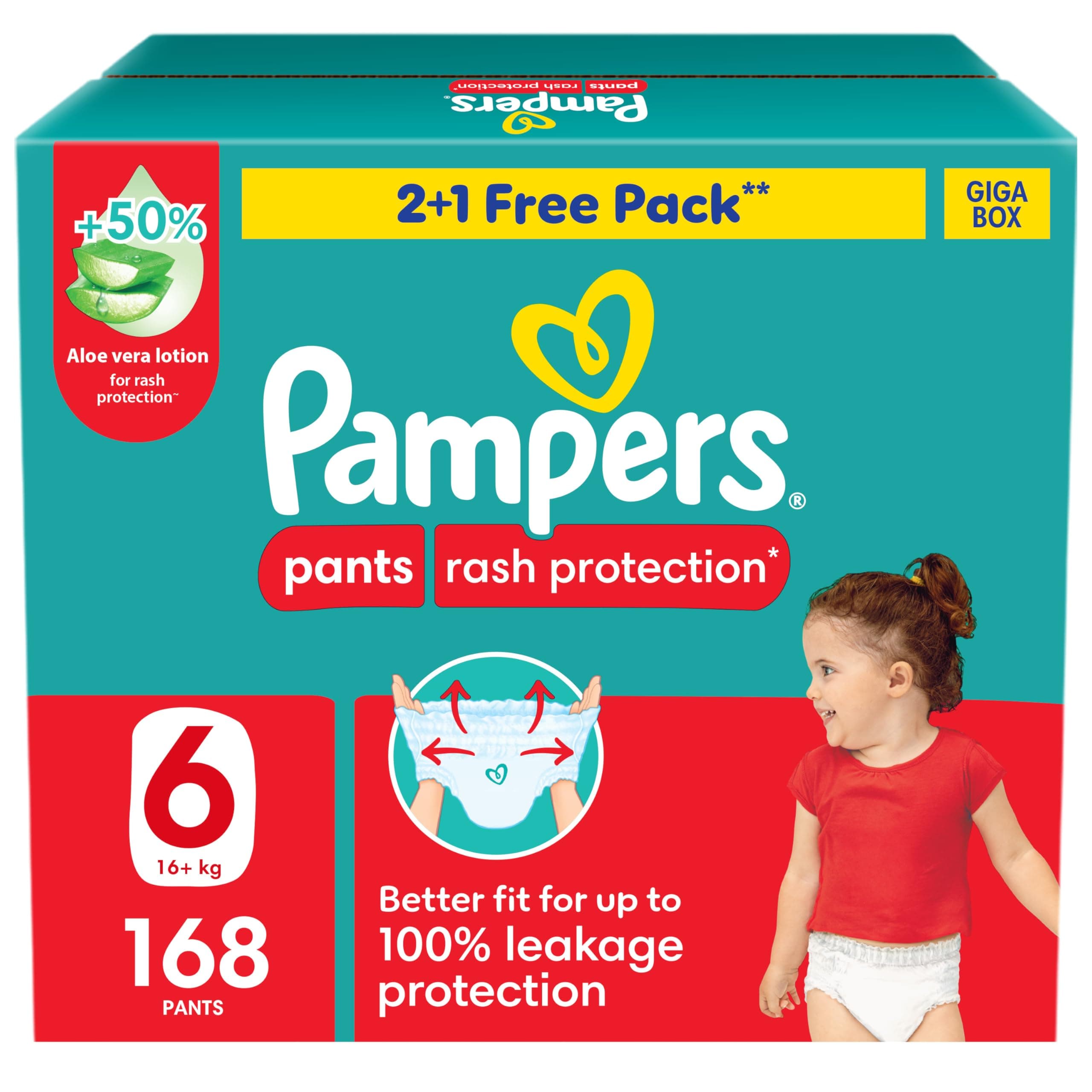Rash Protection Pants Diapers, Size 6, 16+kg, +50% Aloe Vera Lotion, 360° Leak-Free Fit for up to 100% Leakage Protection, Giga Box, 168 Count