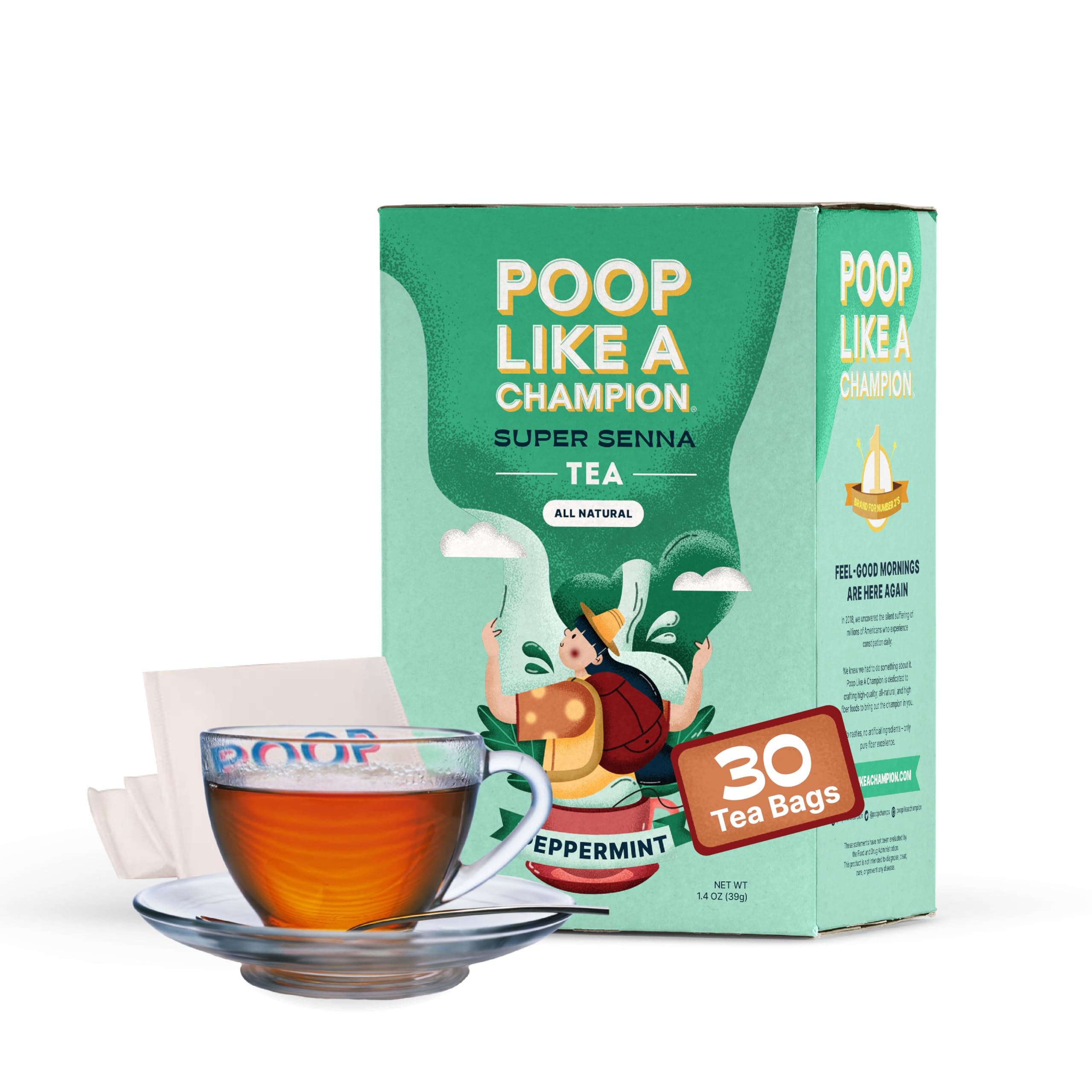 Poop Like A Champion Super Senna Tea with Peppermint, 30 Bags, Digestive Herbal Tea for Constipation Relief, Natural Laxative, Traditional Remedy