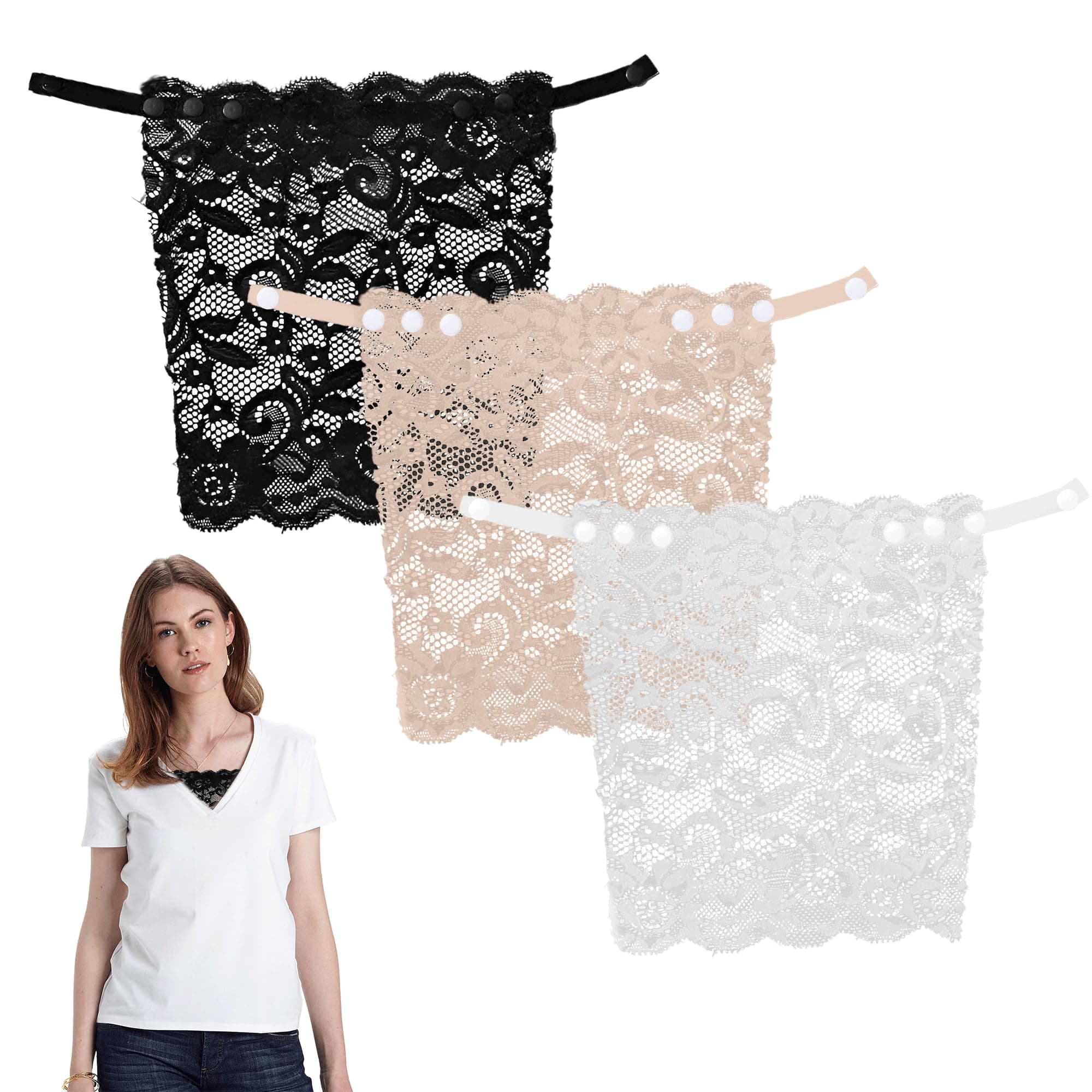 3PCS Modesty Panels for Low Cut Tops Mixed Color Lace Insert for Low Cut Dress Privacy Invisible Lace Modesty Panel Vest Women's Camisoles & Vests Clip-On Mock Camisole Bra Insert Overlay for Woman