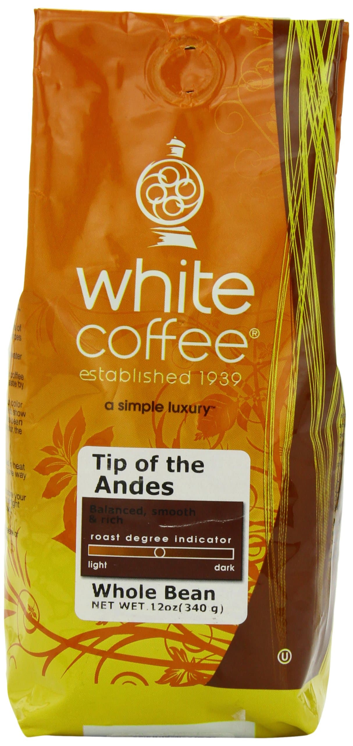 White Coffee Tip of the Andes Whole Bean Coffee, 12 Ounce