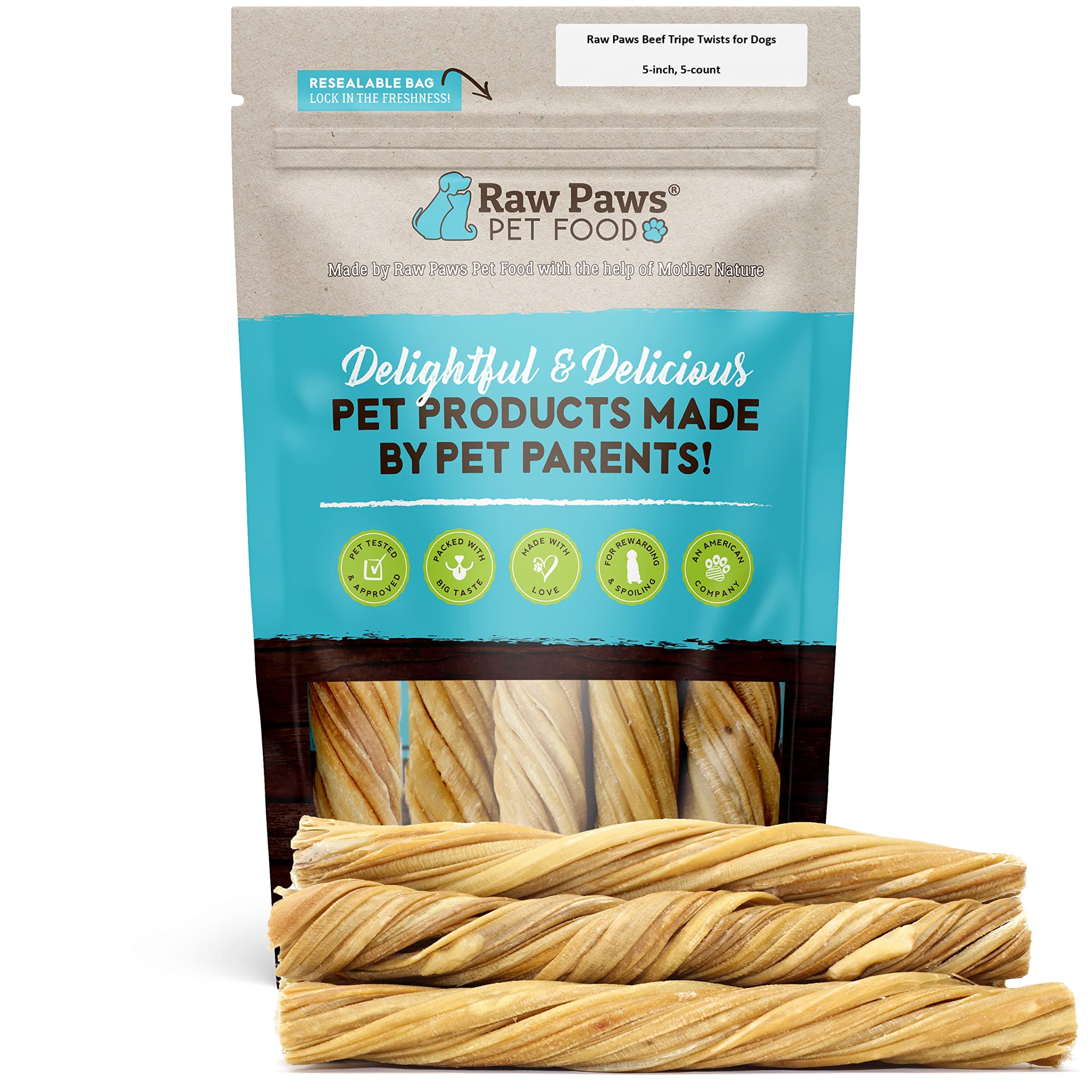 Raw Paws Beef Tripe Twists for Dogs - 5-Inch (5-Count) - Packed in USA - Free-Range Green Tripe Sticks for Dogs - Odor-Free, Crunchy Tripe Dog Treats - All-Natural Green Beef Tripe Sticks Chews