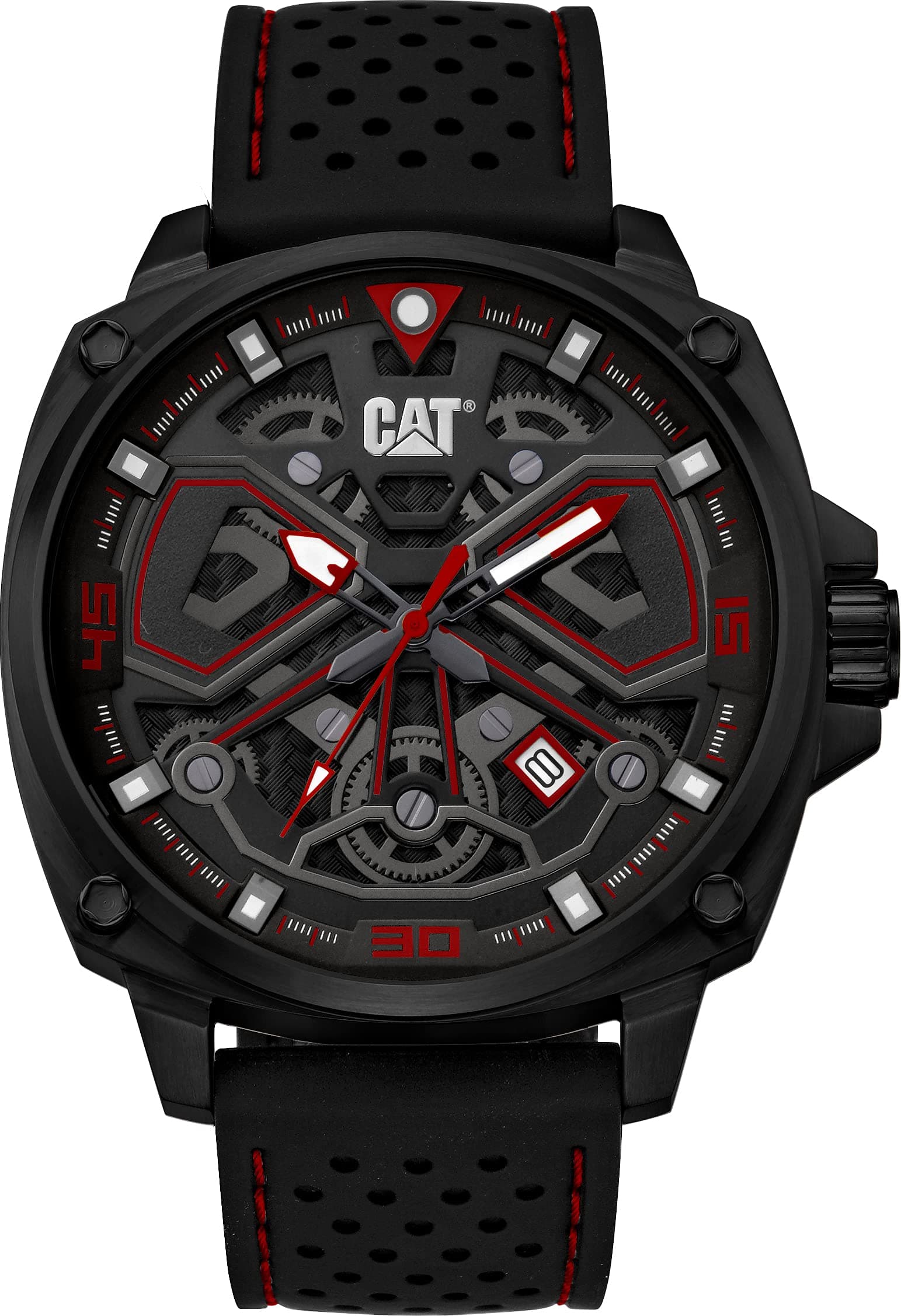 Caterpillar CAT 'Tokyo' Men Watch, 44mm case, Black face, Stainless Steel case, Silicone Strap, Black/Red dial (AJ.161.21.128)