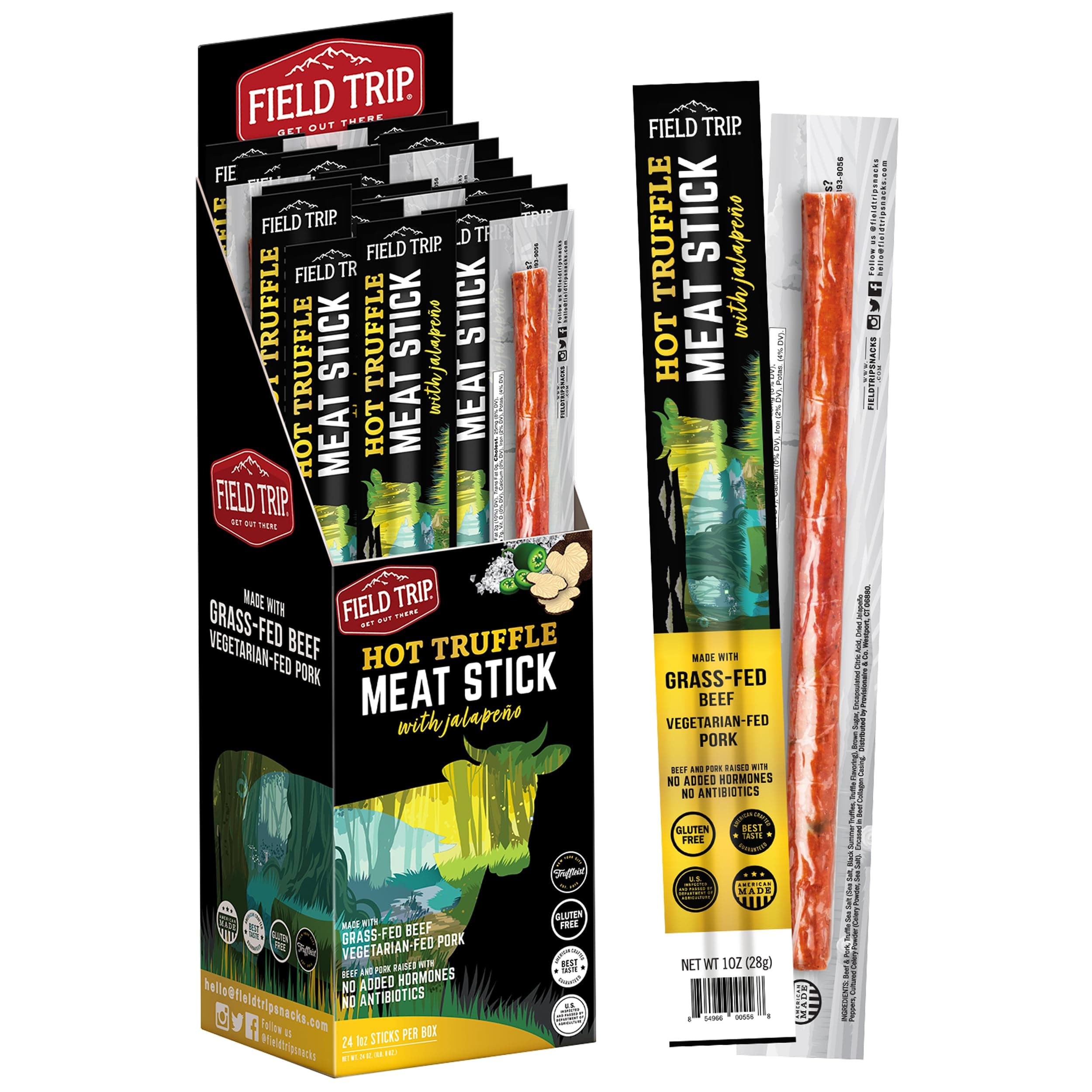 Field Trip Grass Fed Hot Truffle Jerky Snack Sticks, Keto, Paleo, Gluten Free, Allergy Friendly Snack, High Protein, 90 Calorie Snack, 1oz, 24 Pack