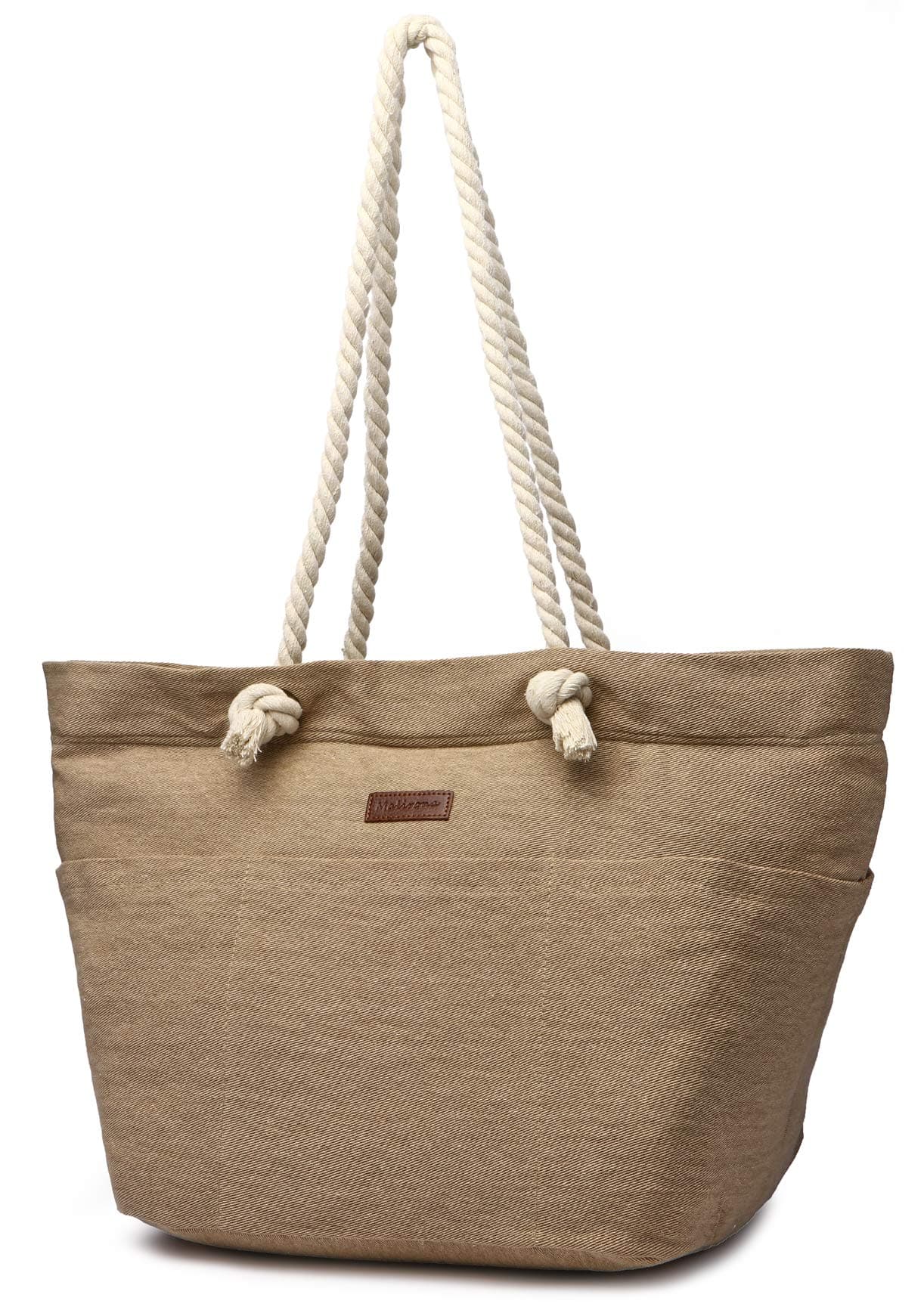 Malirona Large Canvas Beach Bag Shoulder Bags,6 pockets,44L, Weekend Holiday Perfect Bag (Khaki)