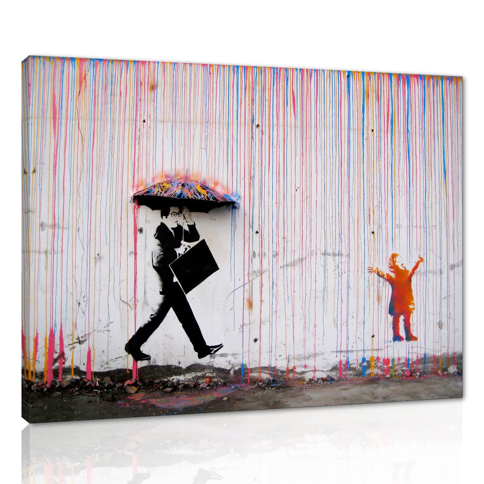 Colorful Rain Canvas Print Pciture Banksy Graffiti Wall Art Modern Home Decor Giclee Art Bathroom Living Room Wall Decor Canvas Framed Wall Artwork HD Print Poster Ready to Hang - 24" WX18 H